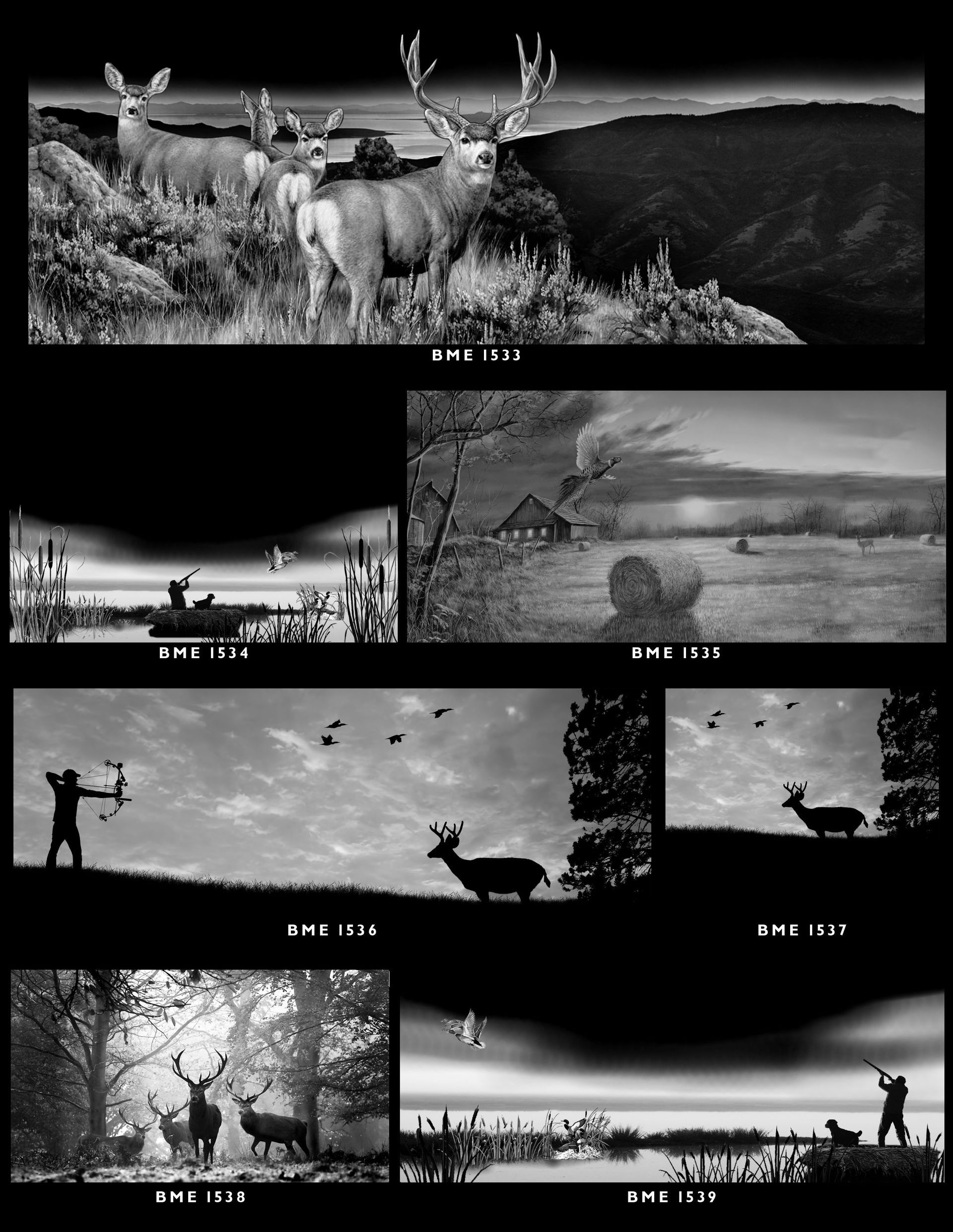 A collage of black-and-white nature scenes featuring deer, hunters, wildlife, and outdoor landscapes.