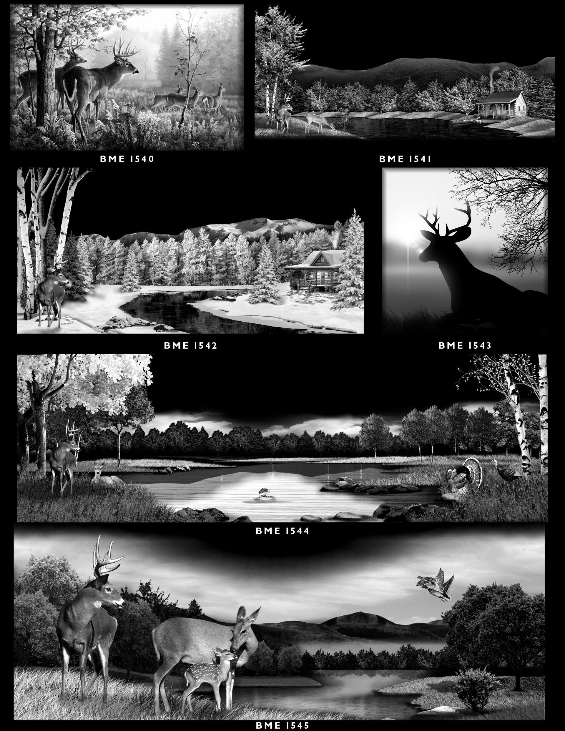 A grid of seven black-and-white nature illustrations featuring deer, forest landscapes, streams, and cabins.