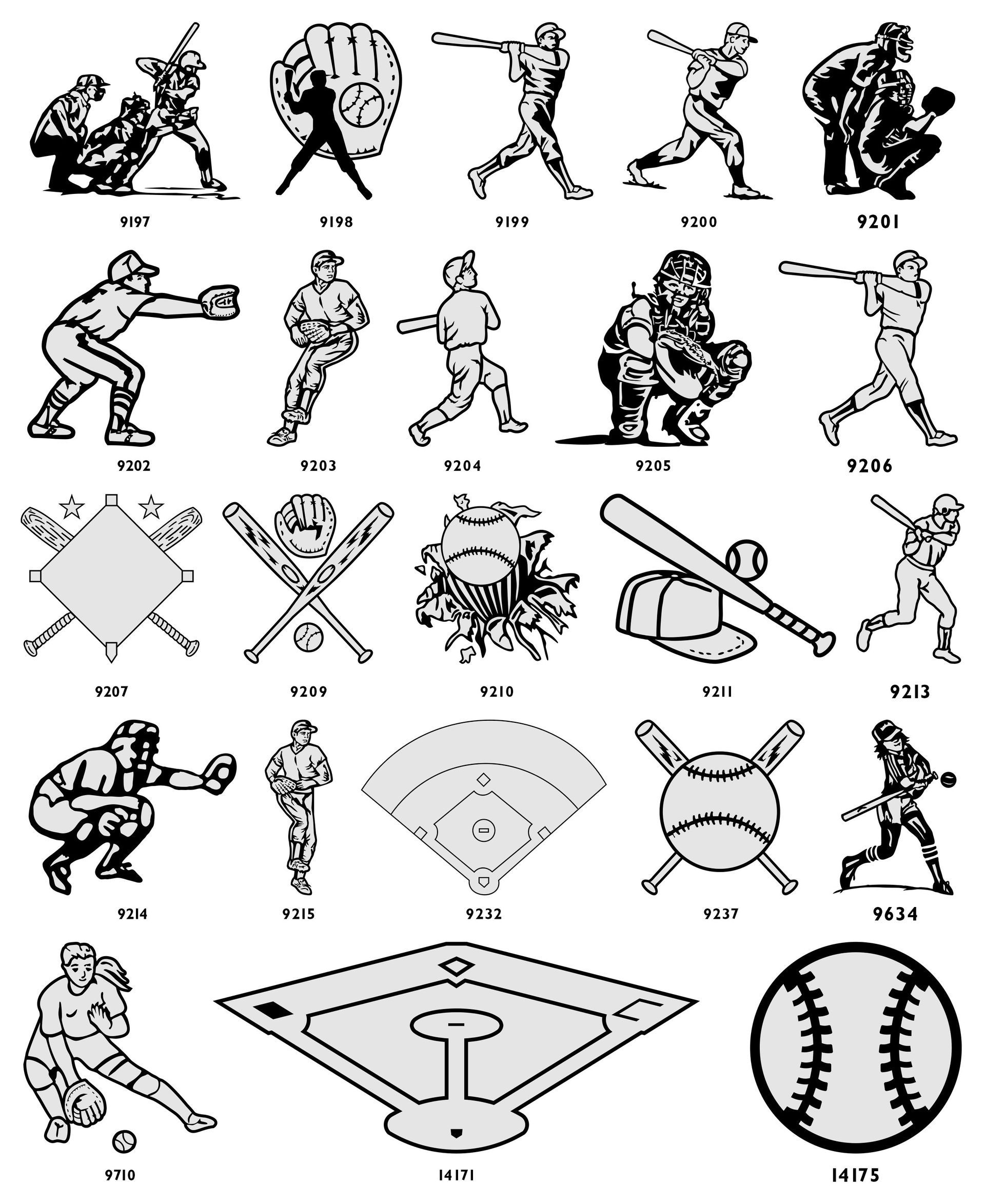 A grid of black-and-white icons illustrating various sports, including baseball, football, golf, and hockey equipment.