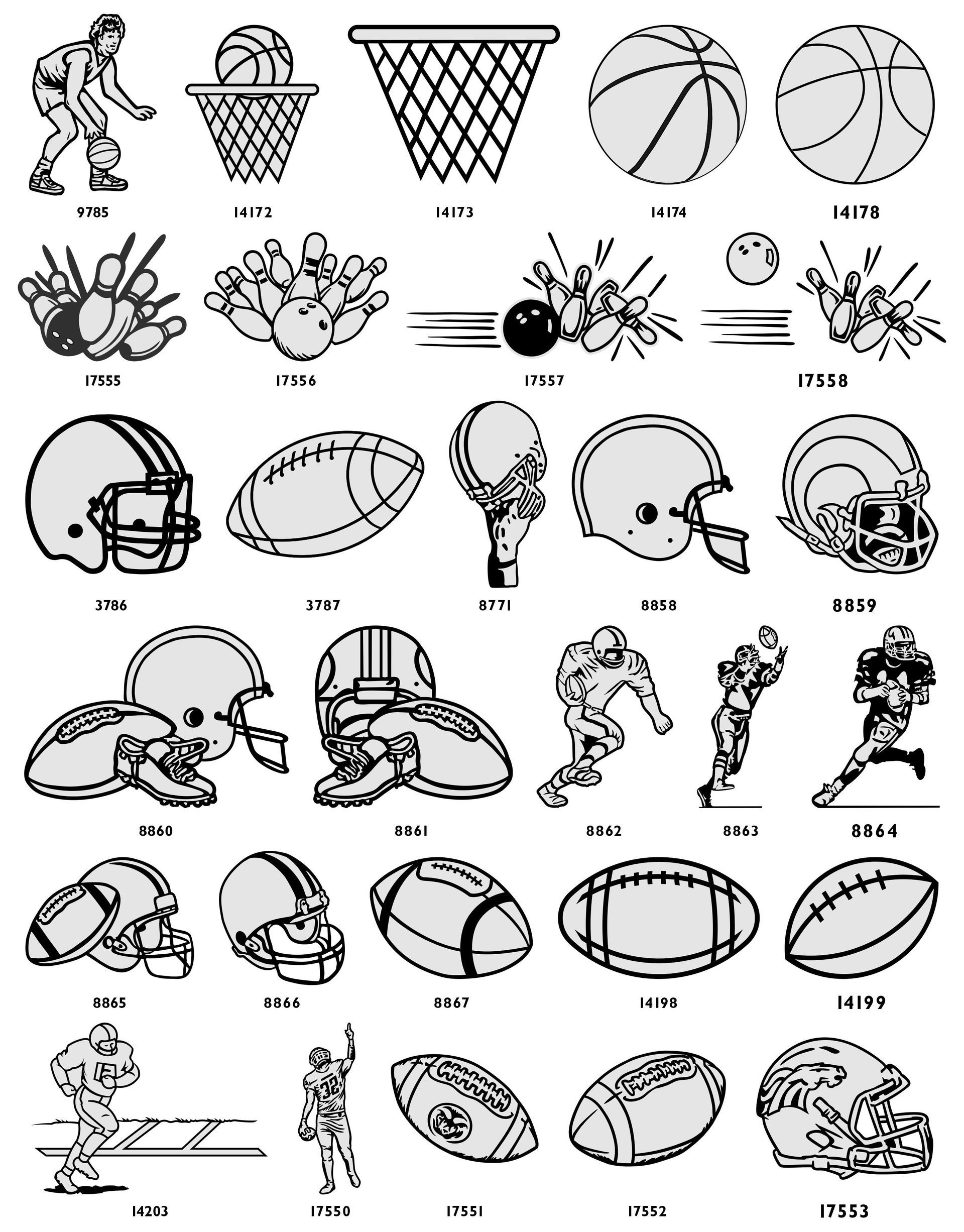A grid of black-and-white icons featuring various sports equipment, athletes in action, and school-related motifs.