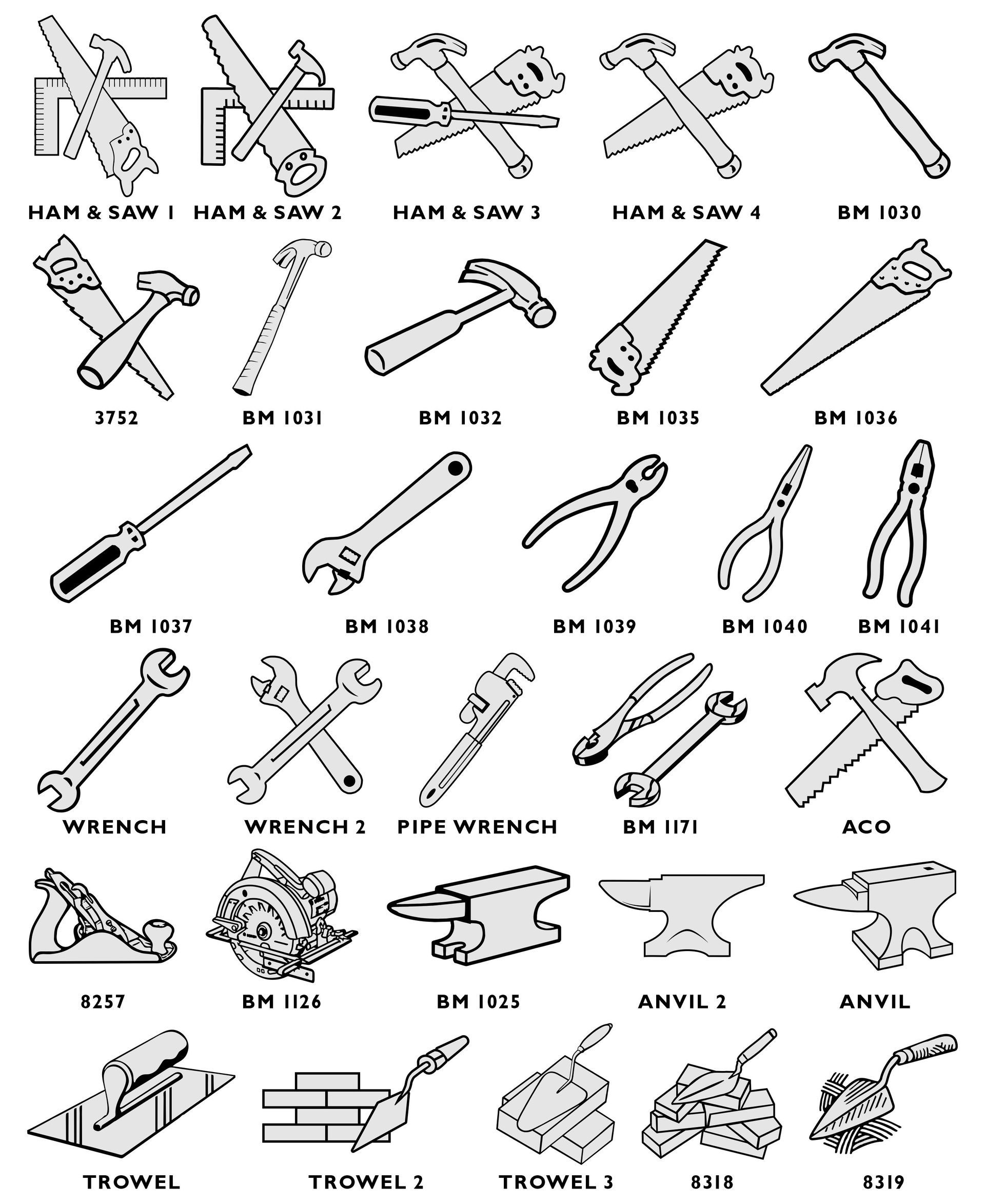 A grid of monochrome icons depicting various hand tools, hardware, and mechanical parts.