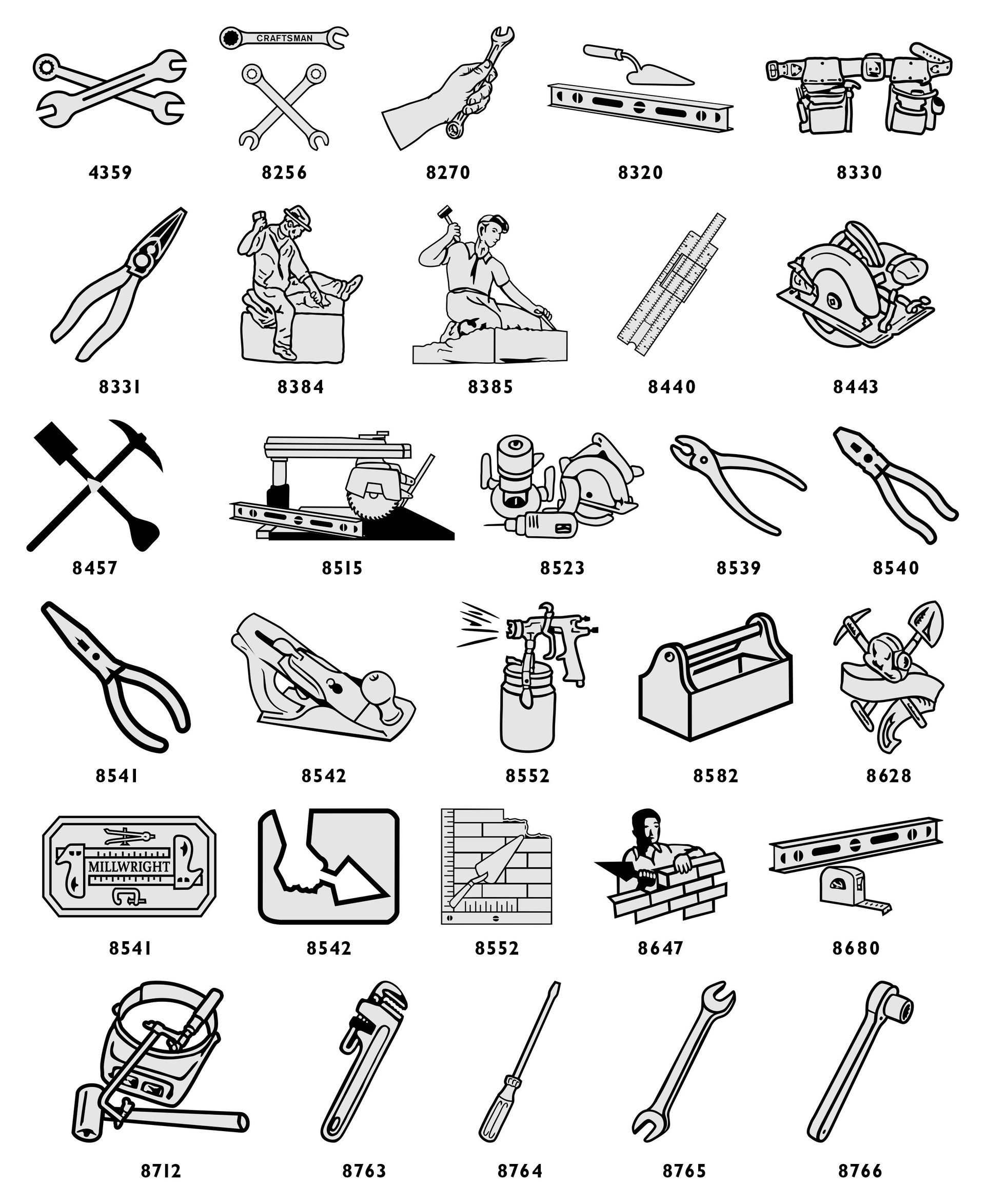 A grid of 45 small black and white icons representing various hand tools and hardware equipment.