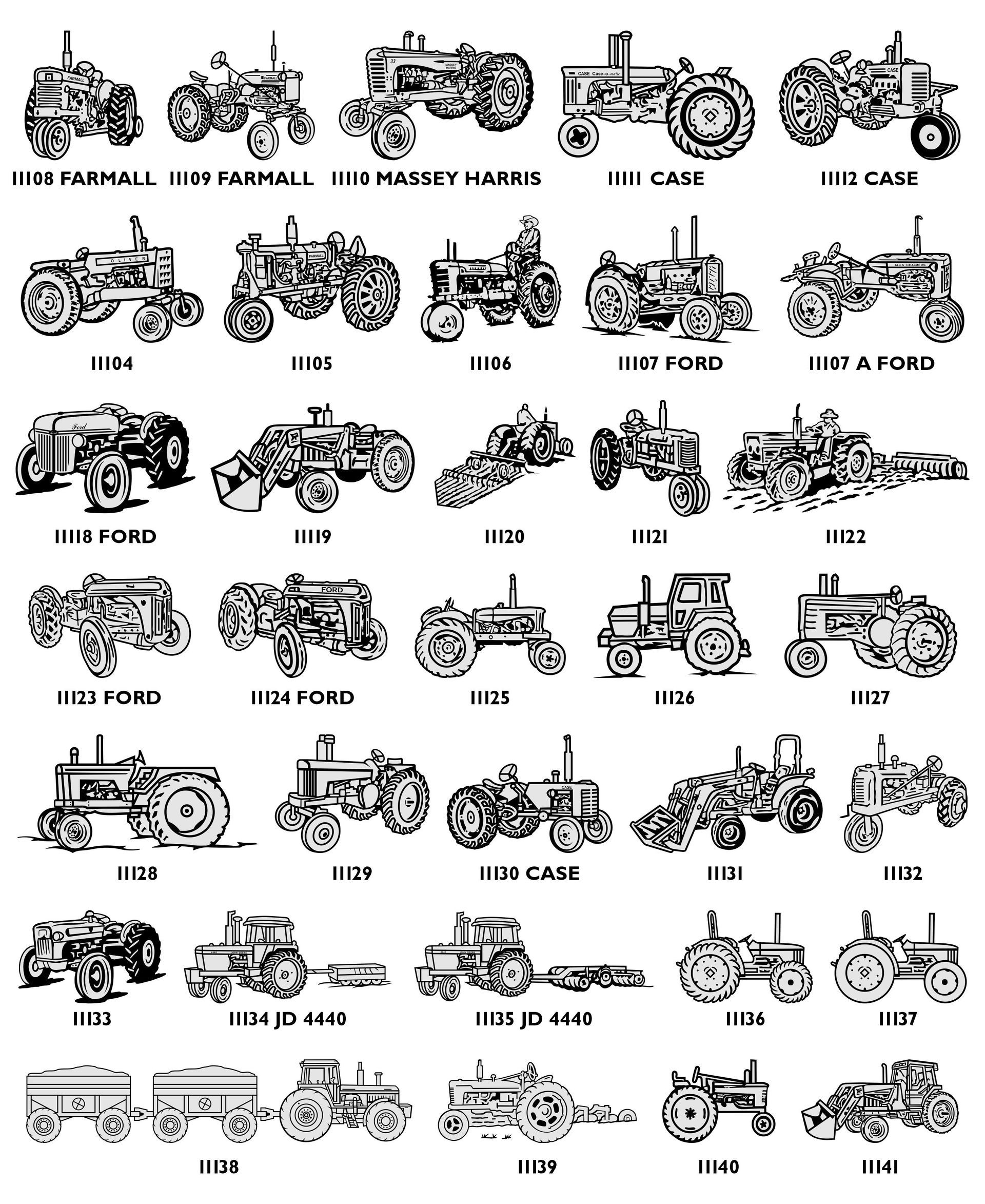 A grid of vintage tractor illustrations arranged in rows and columns, each labeled with a small caption.