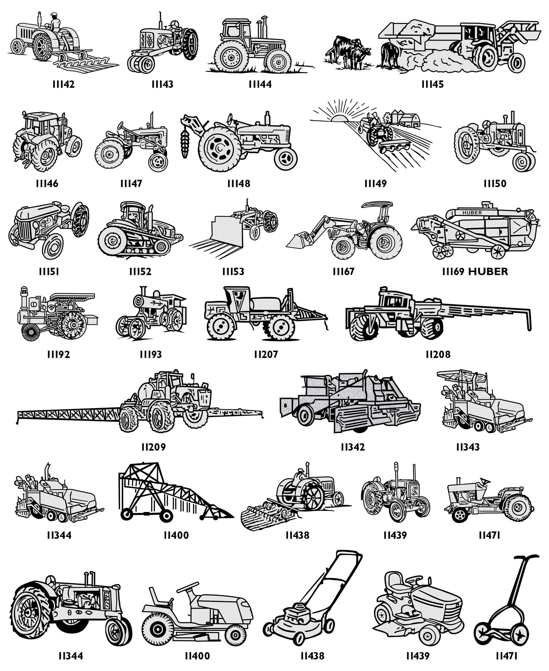 A grid of various vintage agricultural tractors and farming equipment, each labeled with a year.