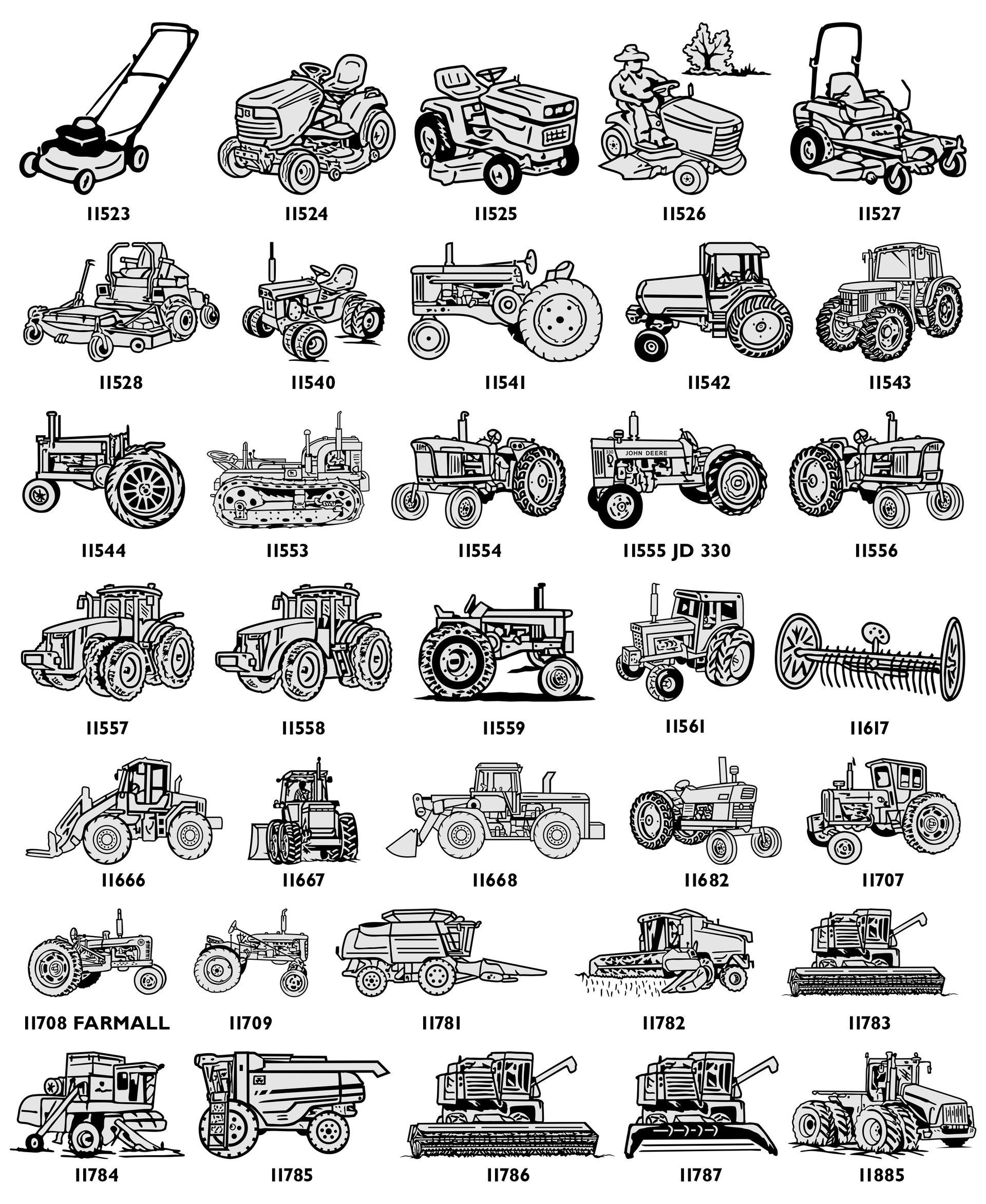 A grid of 40 black-and-white line drawings illustrating various historical tractor models, each labeled with a year.