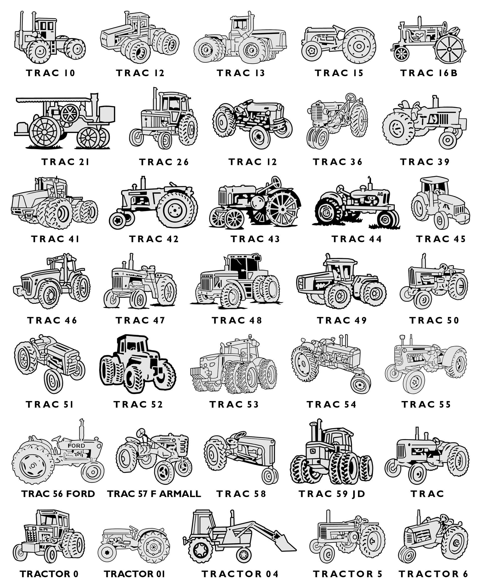 Grid of various black-and-white tractor and farm equipment icons, each labeled with a specific model name.