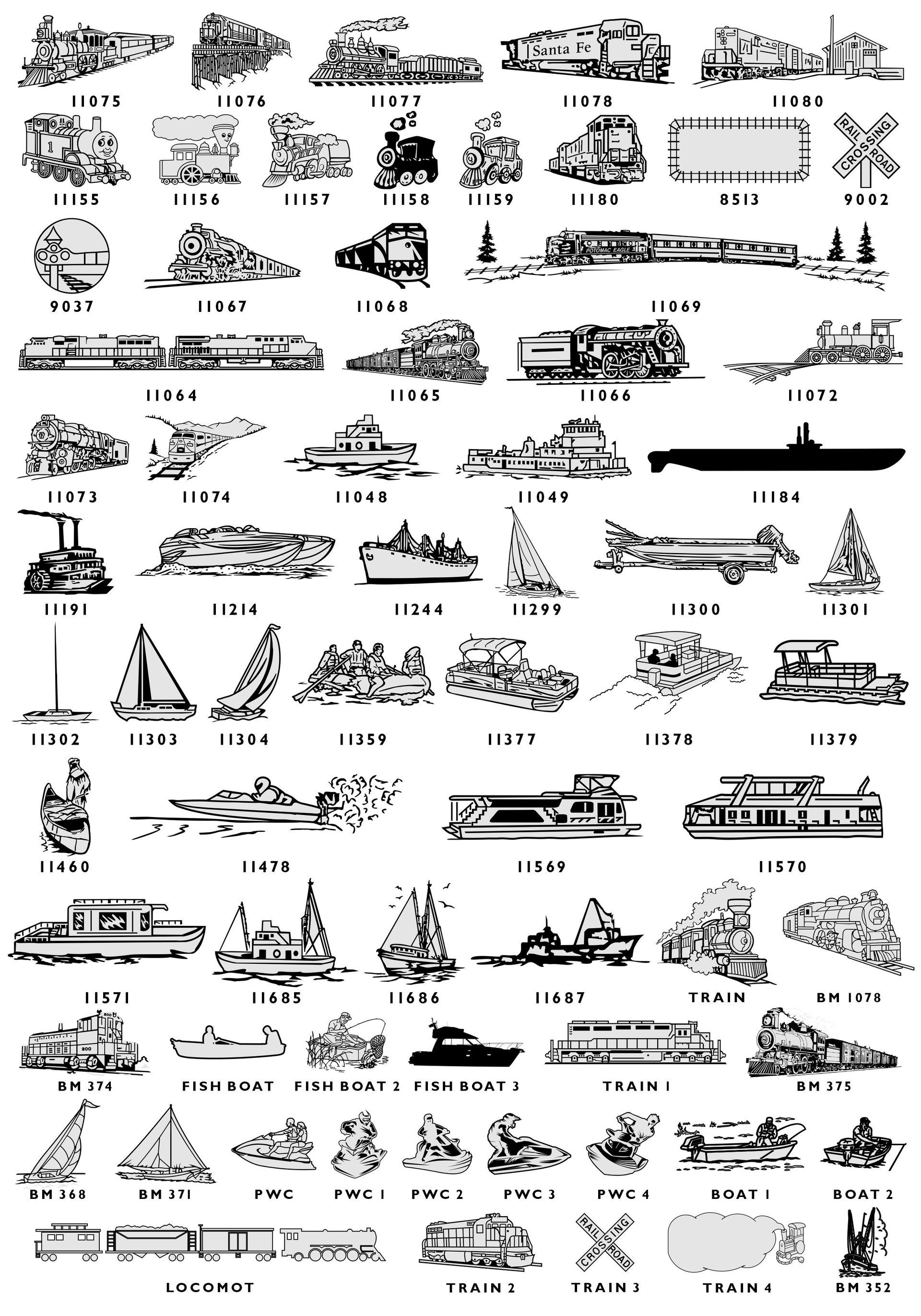 A collection of black-and-white icon illustrations depicting various trains, ships, boats, and railroad crossing signs.
