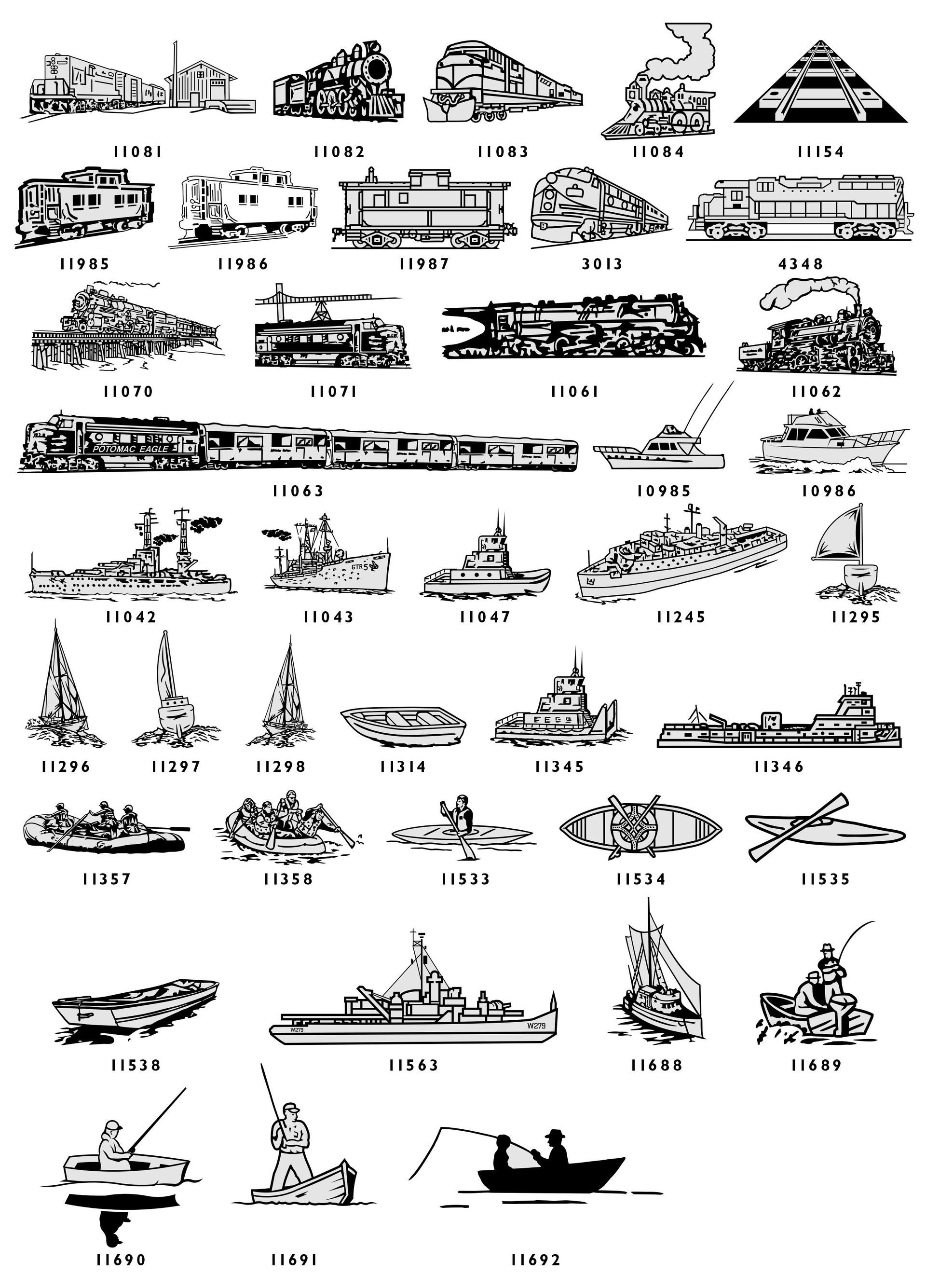A collection of small line-art icons depicting various types of locomotives, ships, and people fishing, each with a label.