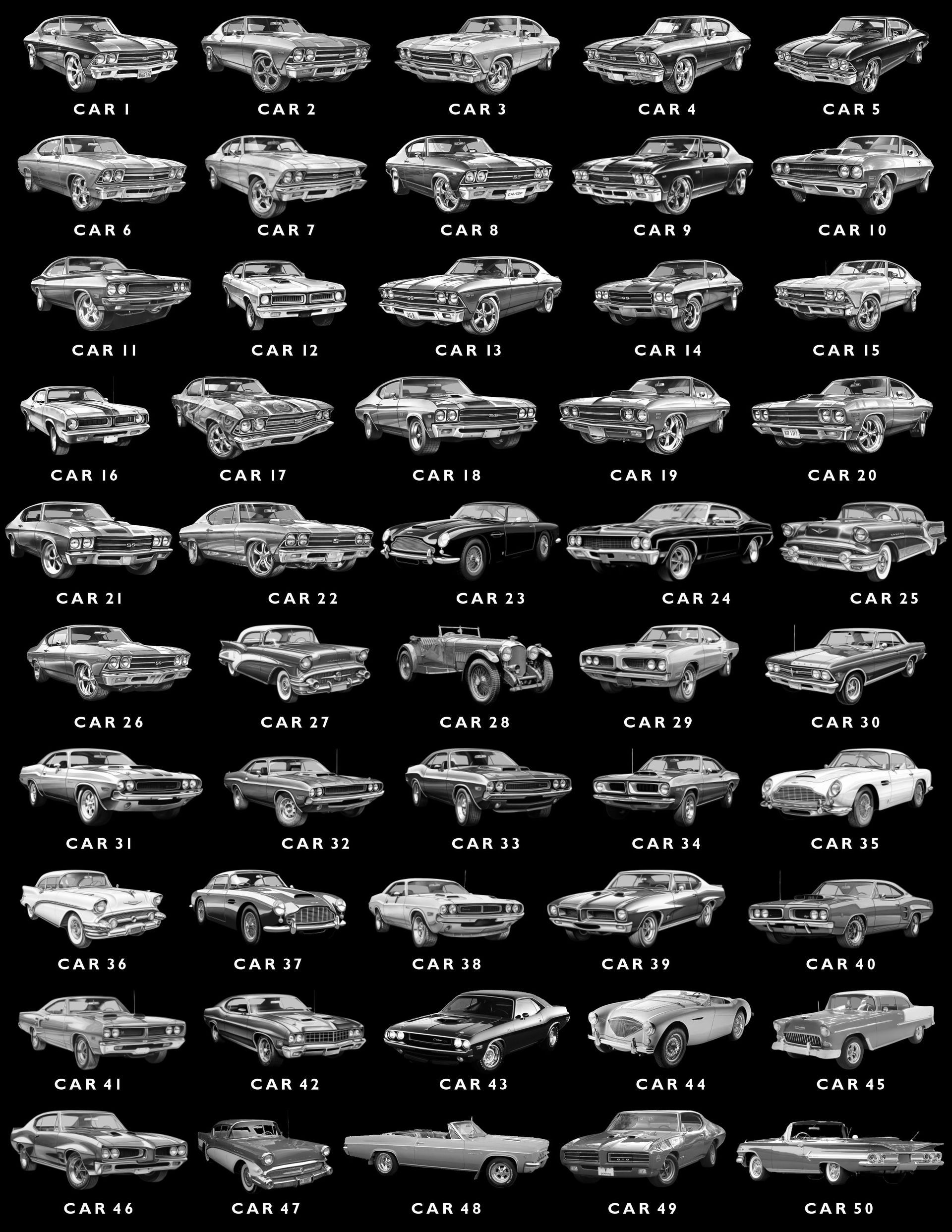 A grid of 50 vintage American muscle cars, each numbered and arranged in 10 rows on a black background.