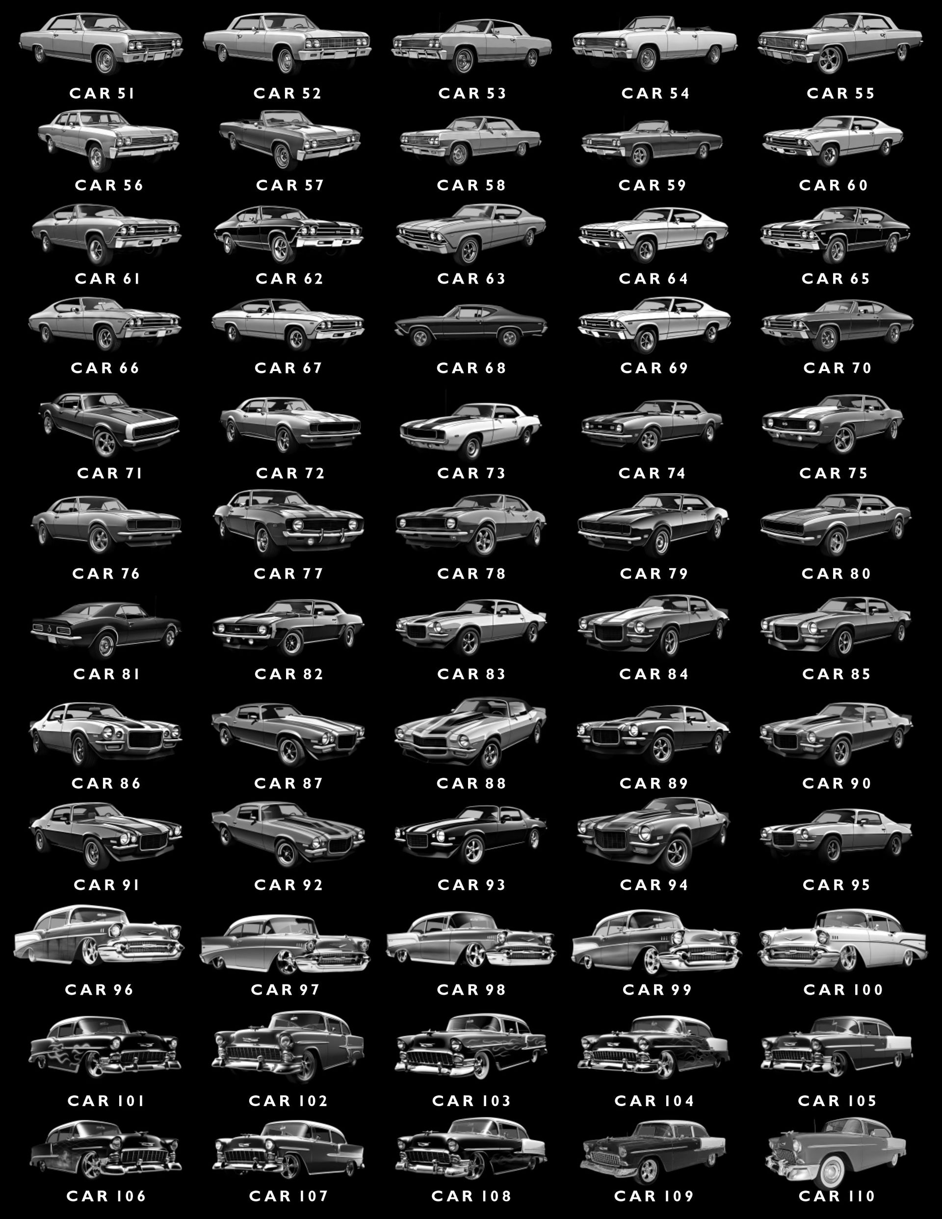 A grid of 55 vintage cars labeled Car 01 through Car 55 against a black background, displayed in eleven rows of five.