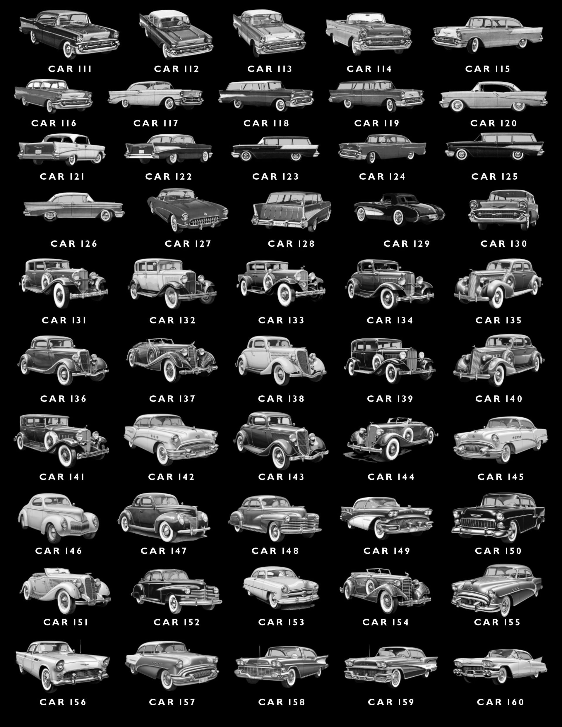 A grid of black-and-white illustrations of vintage cars, each labeled with a unique ID number.