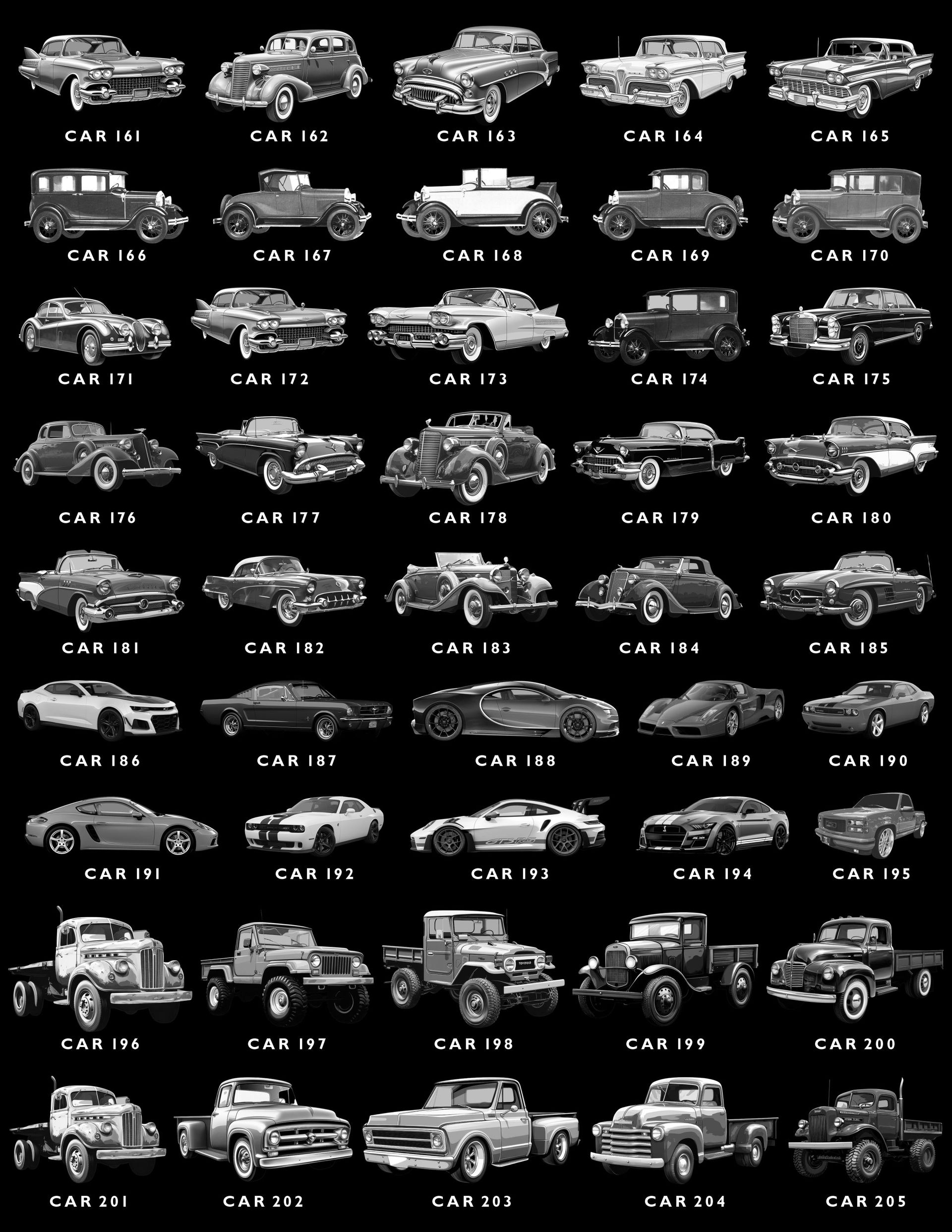 A grid of 45 black-and-white illustrations of vintage cars and trucks, each labeled with a unique identification number.