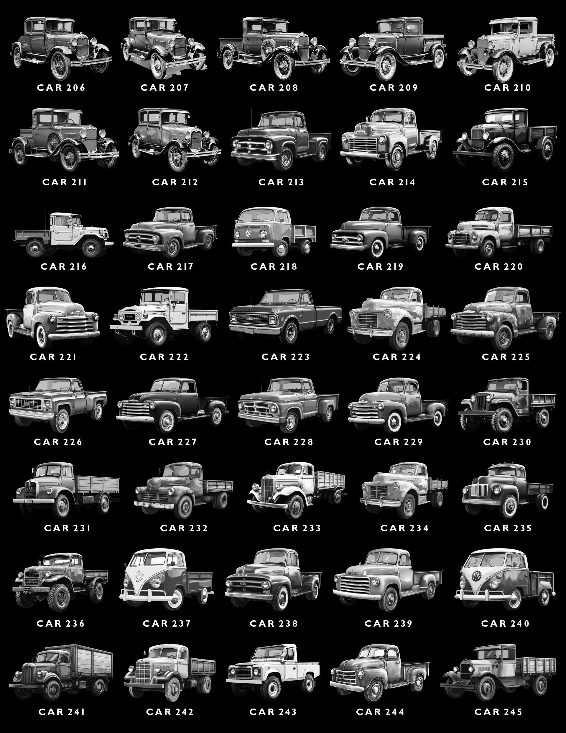 A grid of 40 black-and-white illustrations of vintage pickup trucks, each labeled with a reference code underneath.
