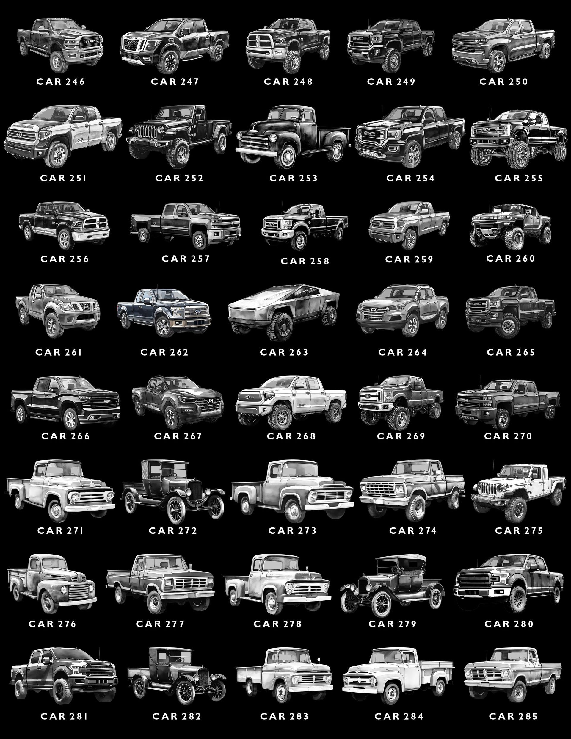 A grid of 40 black-and-white line drawings of various vintage and modern pickup trucks, each labeled with a code.