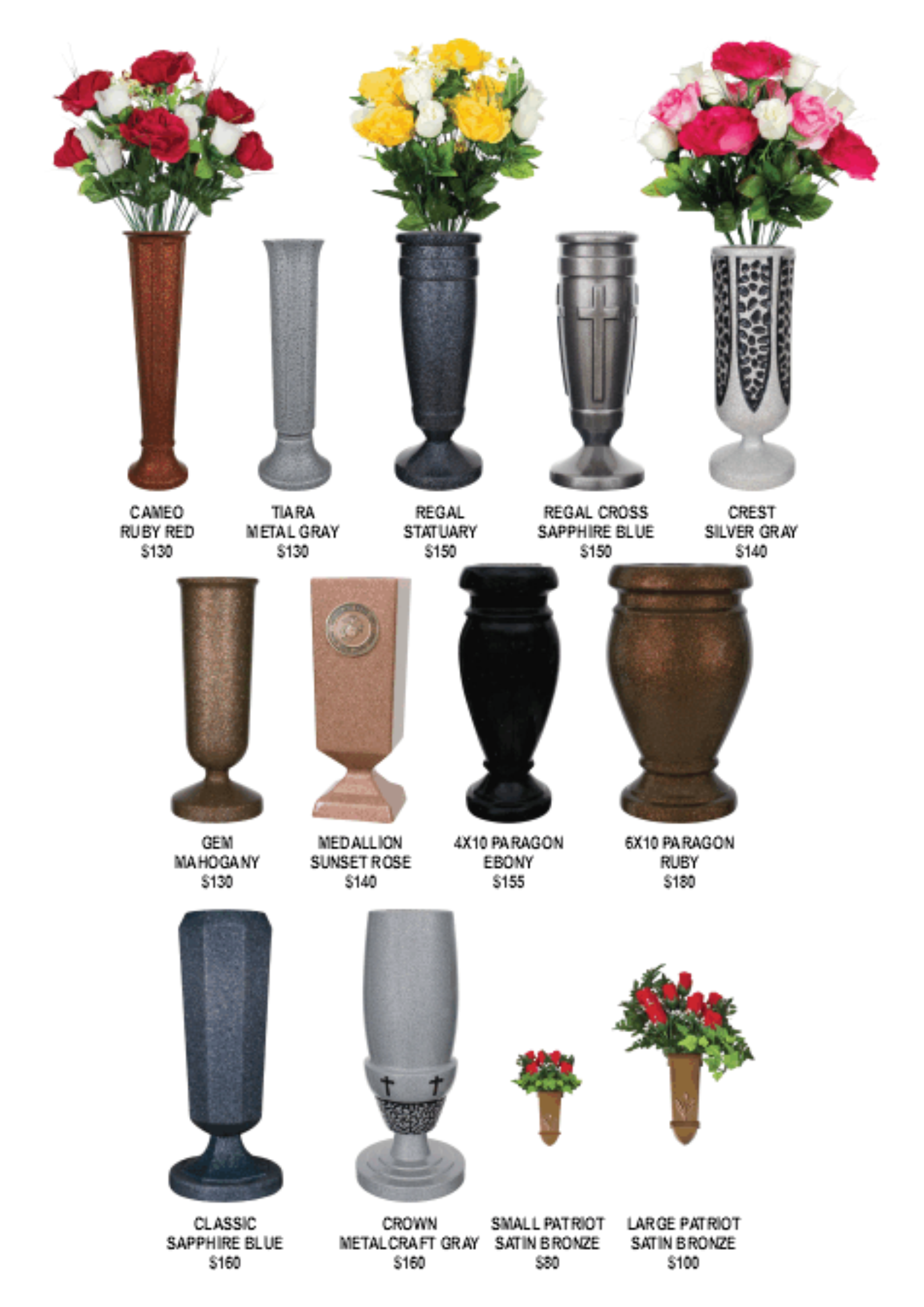 A catalog display of various decorative urns and cemetery vases in different styles, colors, and sizes.