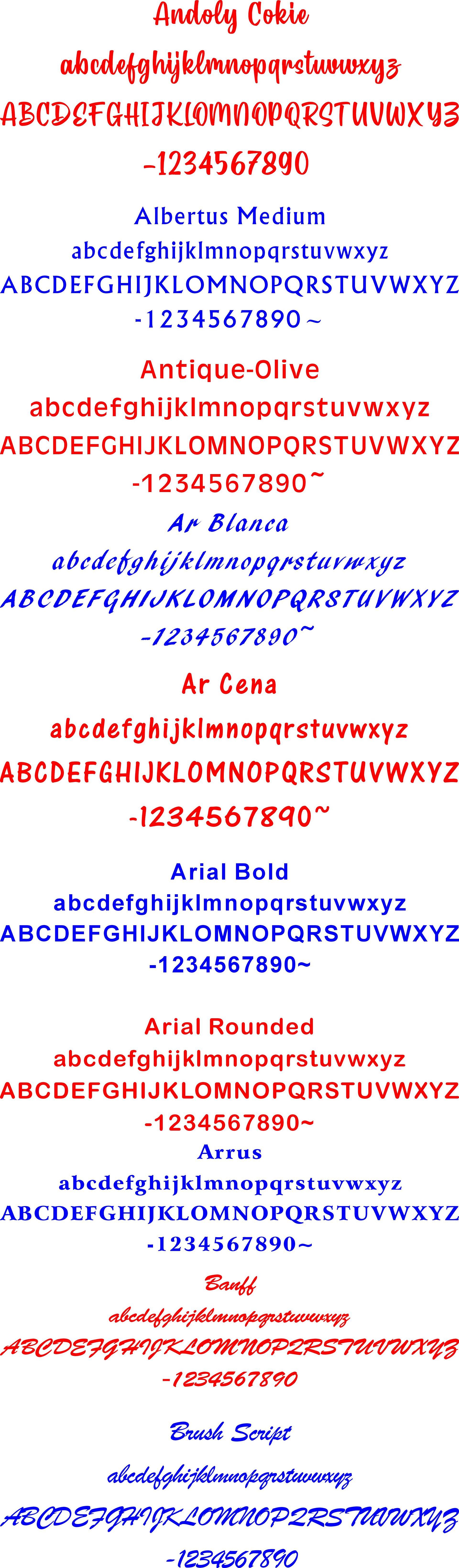 A list of various font styles, each displaying the alphabet in both lowercase and uppercase alongside numerals 0-9.