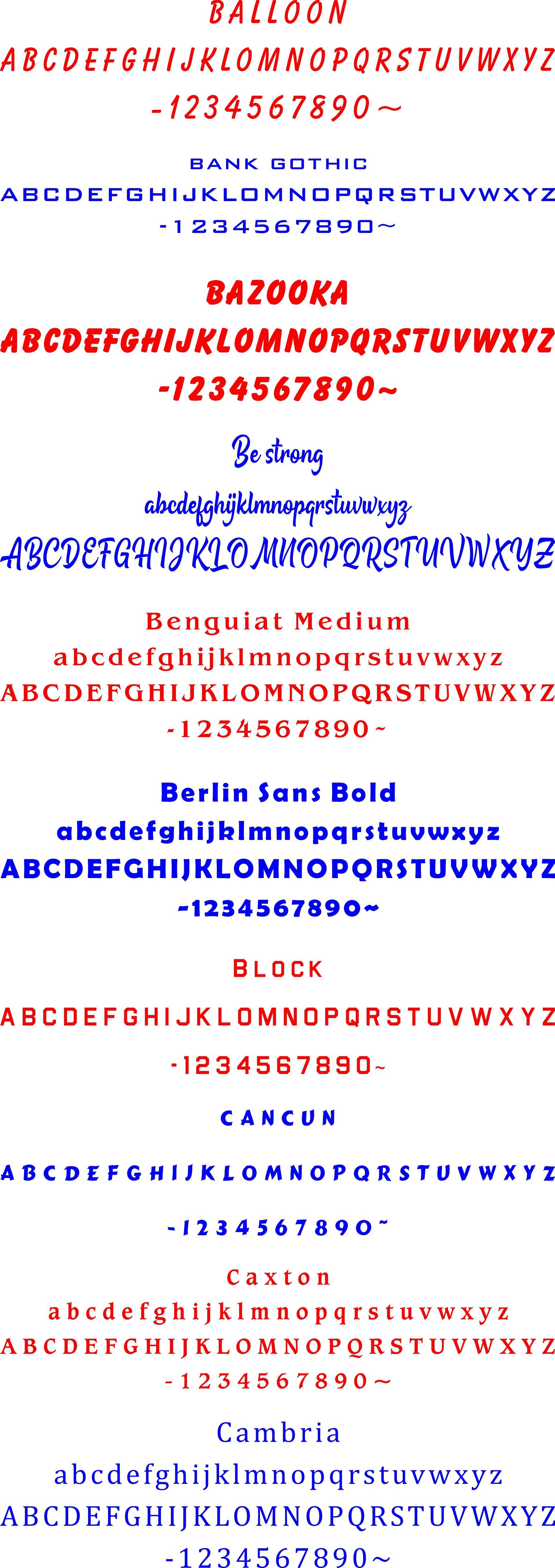 A reference sheet displaying various alphabet and number fonts in black, red, and blue text on a white background.