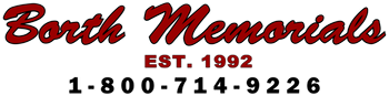 Logo for Borth Memorials, red script text with phone number: 1-800-714-9226. 