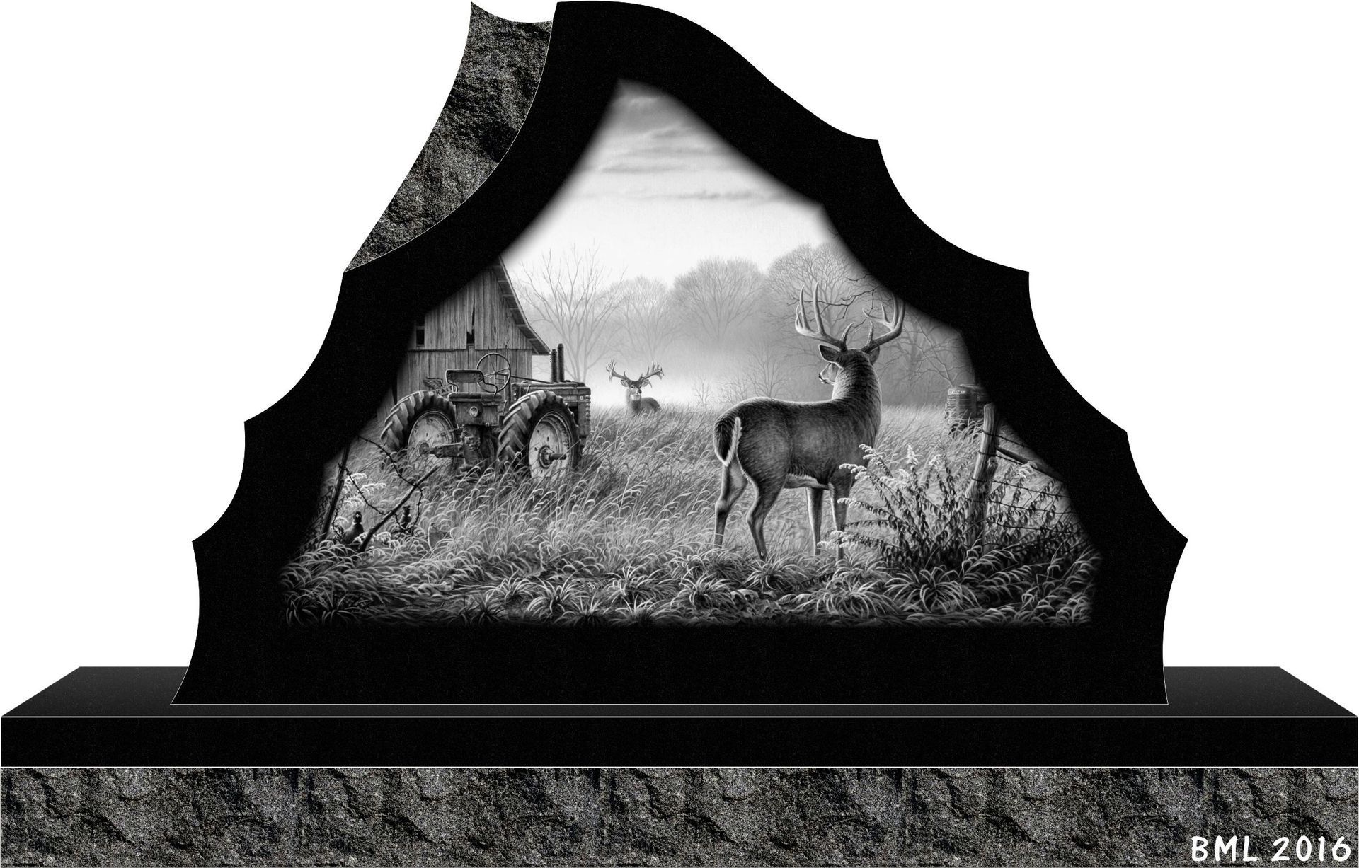 A black and white laser-etched granite gravestone featuring a scene of deer near a farm tractor in a field.