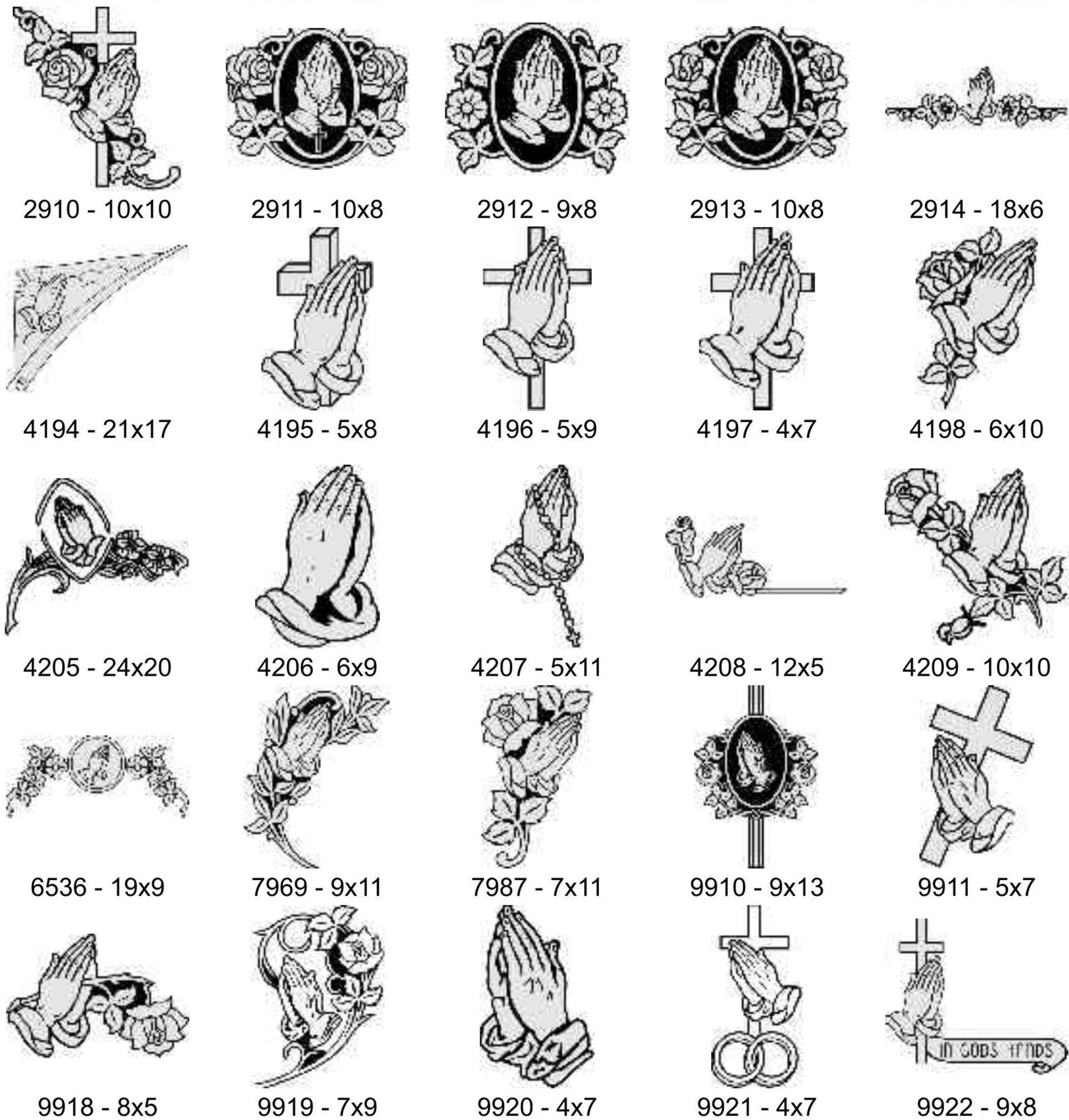 A catalog of 25 black-and-white etchings of praying hands, often combined with crosses, roses, or frames, labeled by code.