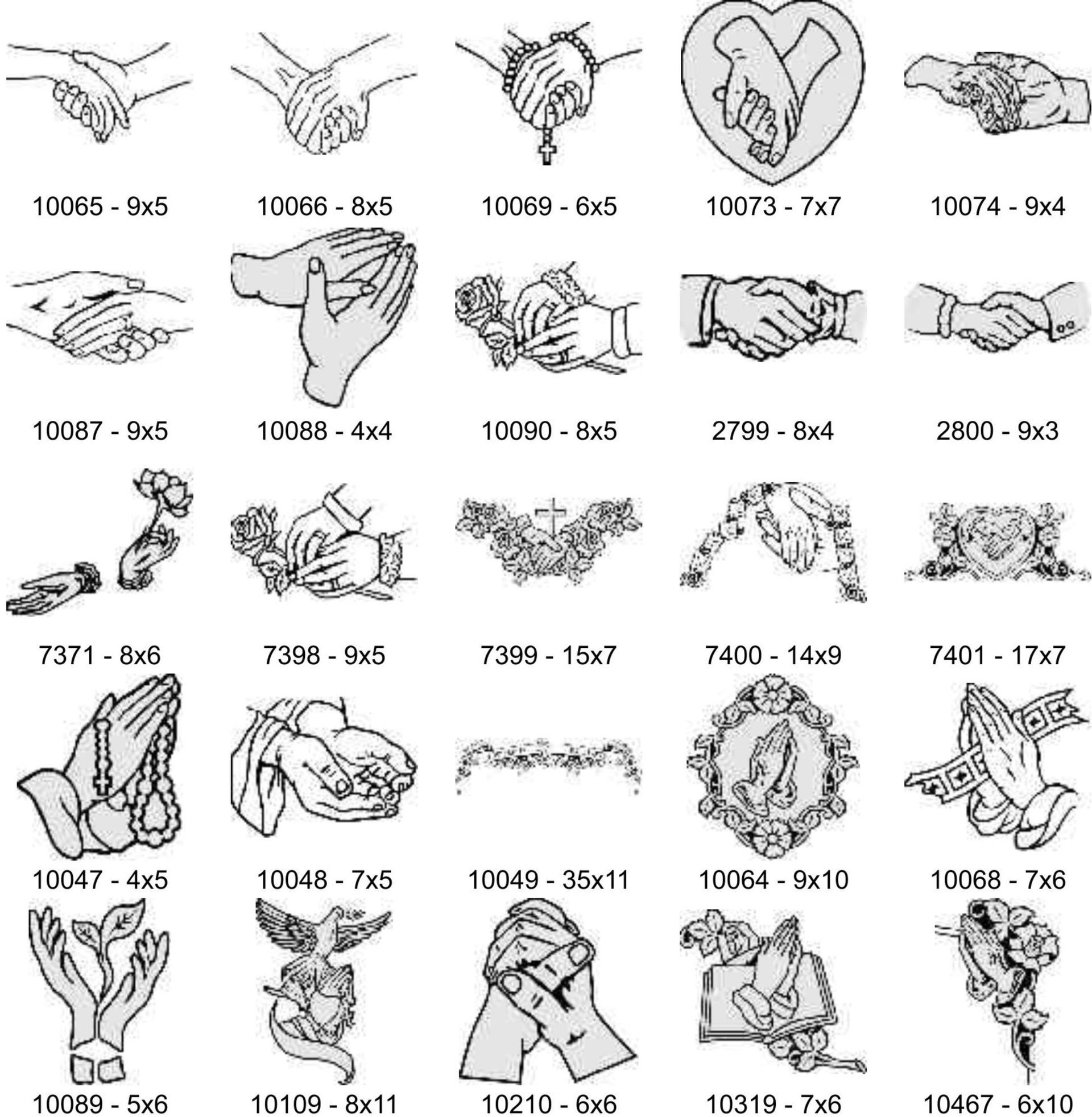 A catalog grid displaying various line-art illustrations of hands in gestures of prayer, holding, and shaking.