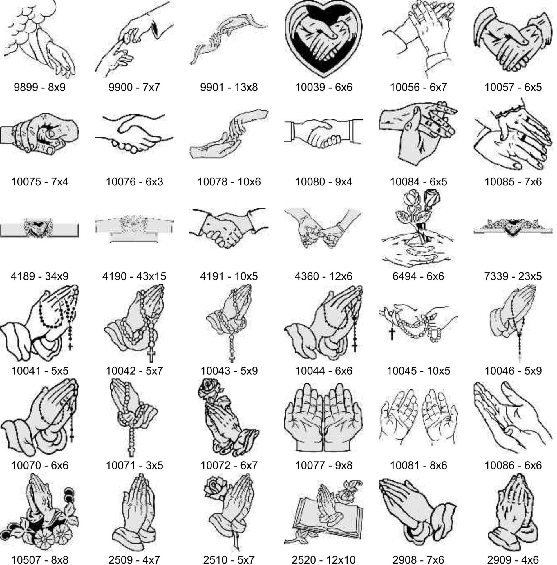 A grid of black-and-white line art illustrations depicting various hand gestures, including handshakes and praying hands.