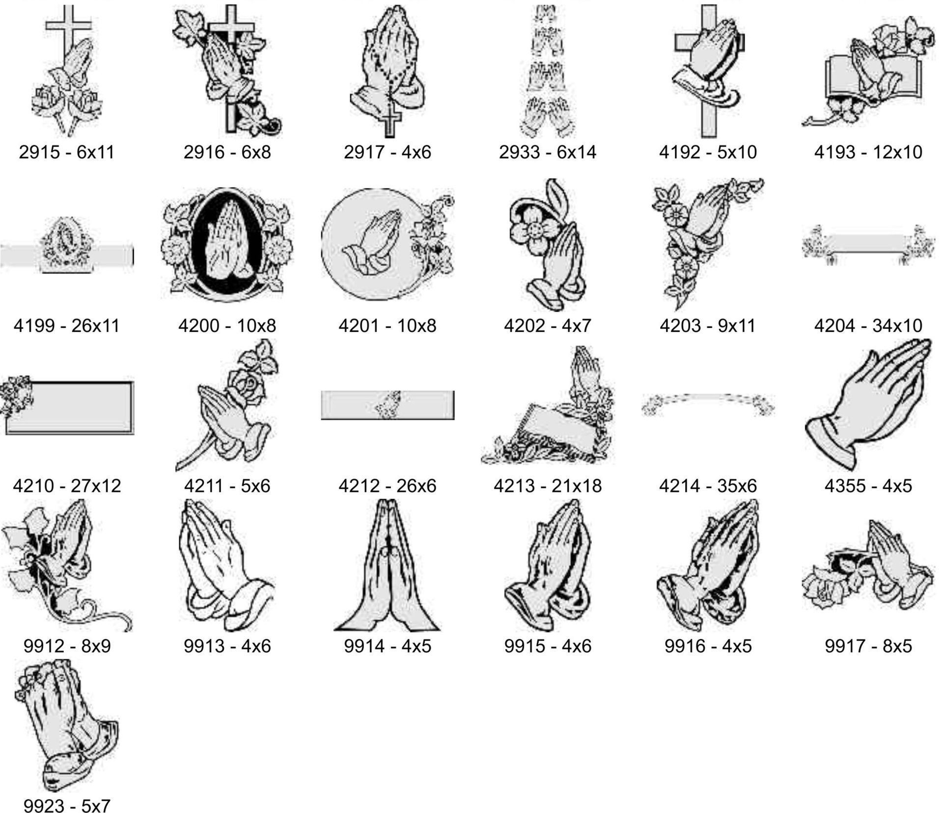 A grid of black-and-white line art designs featuring praying hands, crosses, and floral motifs for gravestone engravings.
