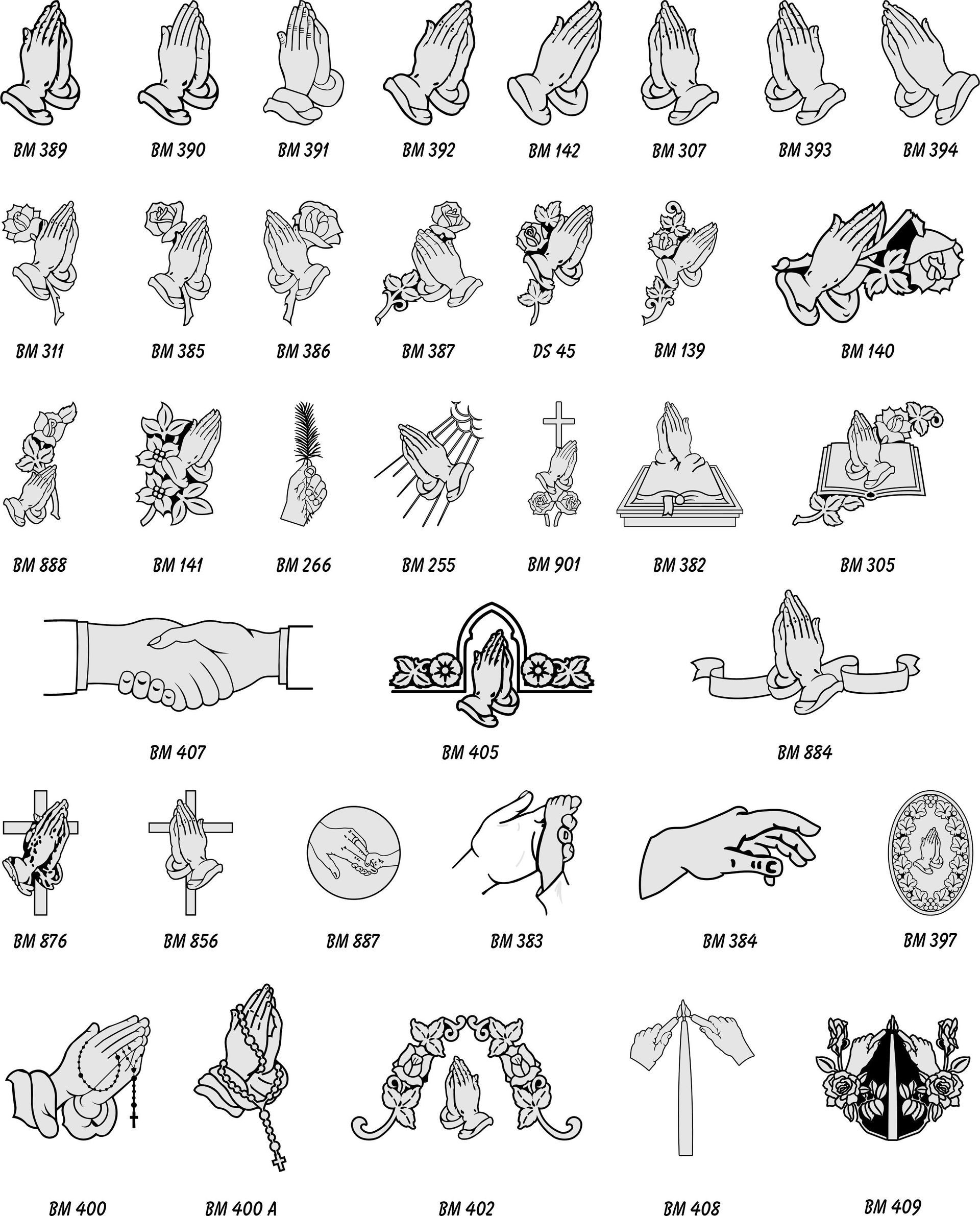 A catalog grid showing various illustrations of praying hands and religious symbols, typically used for headstone engraving.