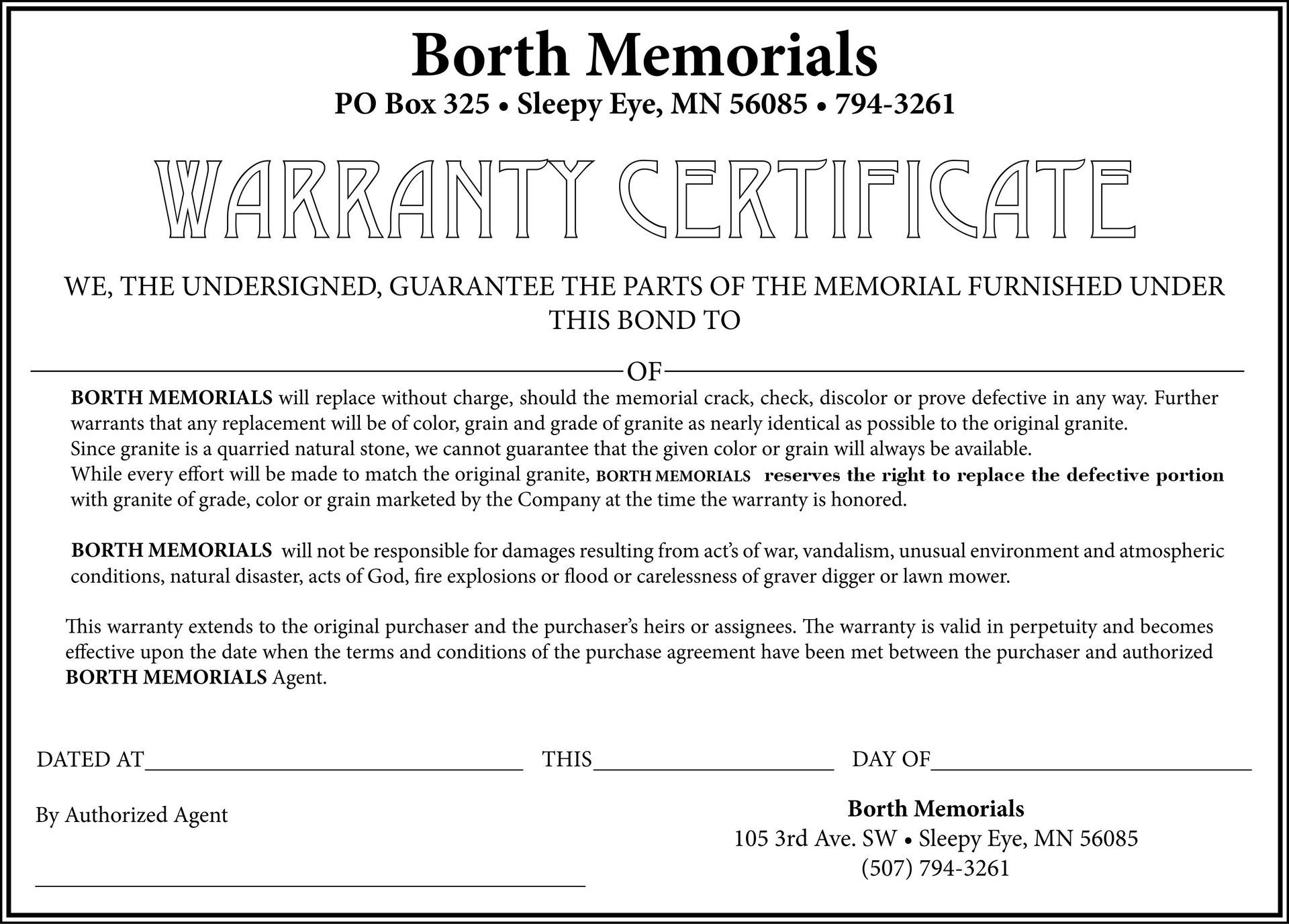 Warranty certificate from Borth Memorials, guaranteeing memorial parts. Includes contact info.