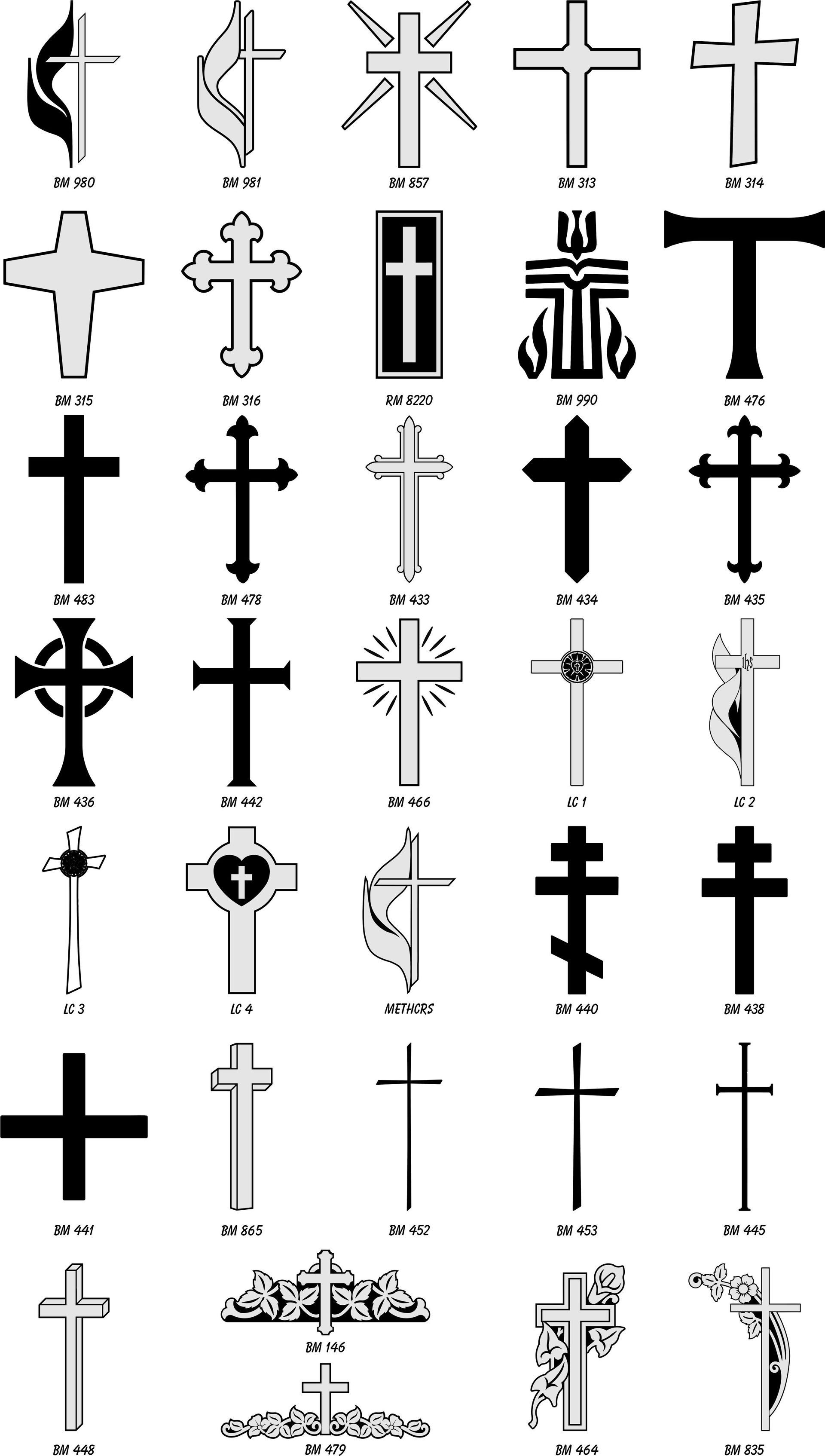 A grid of various black and white Christian cross designs and symbols, labeled with reference codes for engraving options.