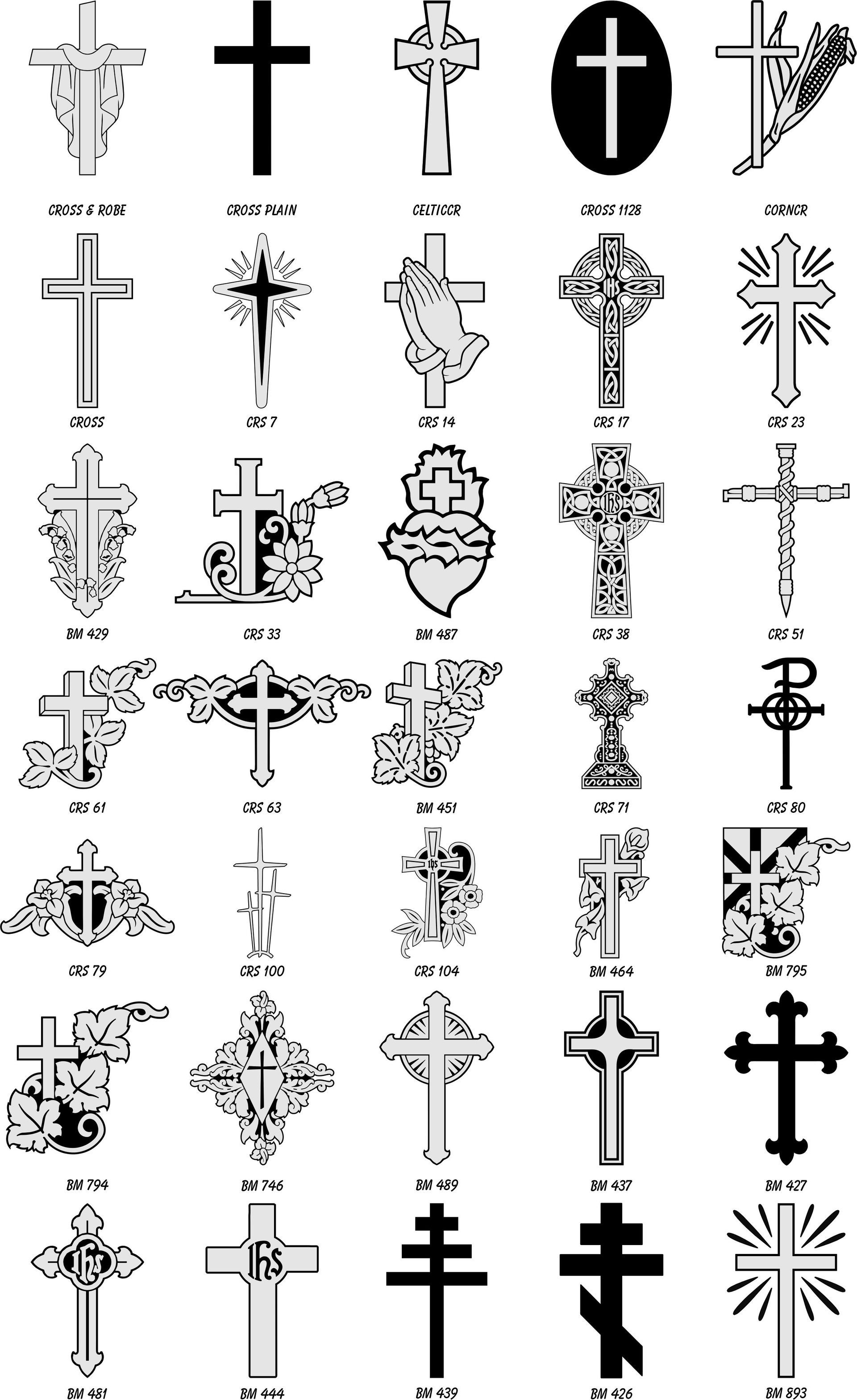 A grid of thirty-five distinct black and white line-art illustrations of Christian crosses in various decorative styles.