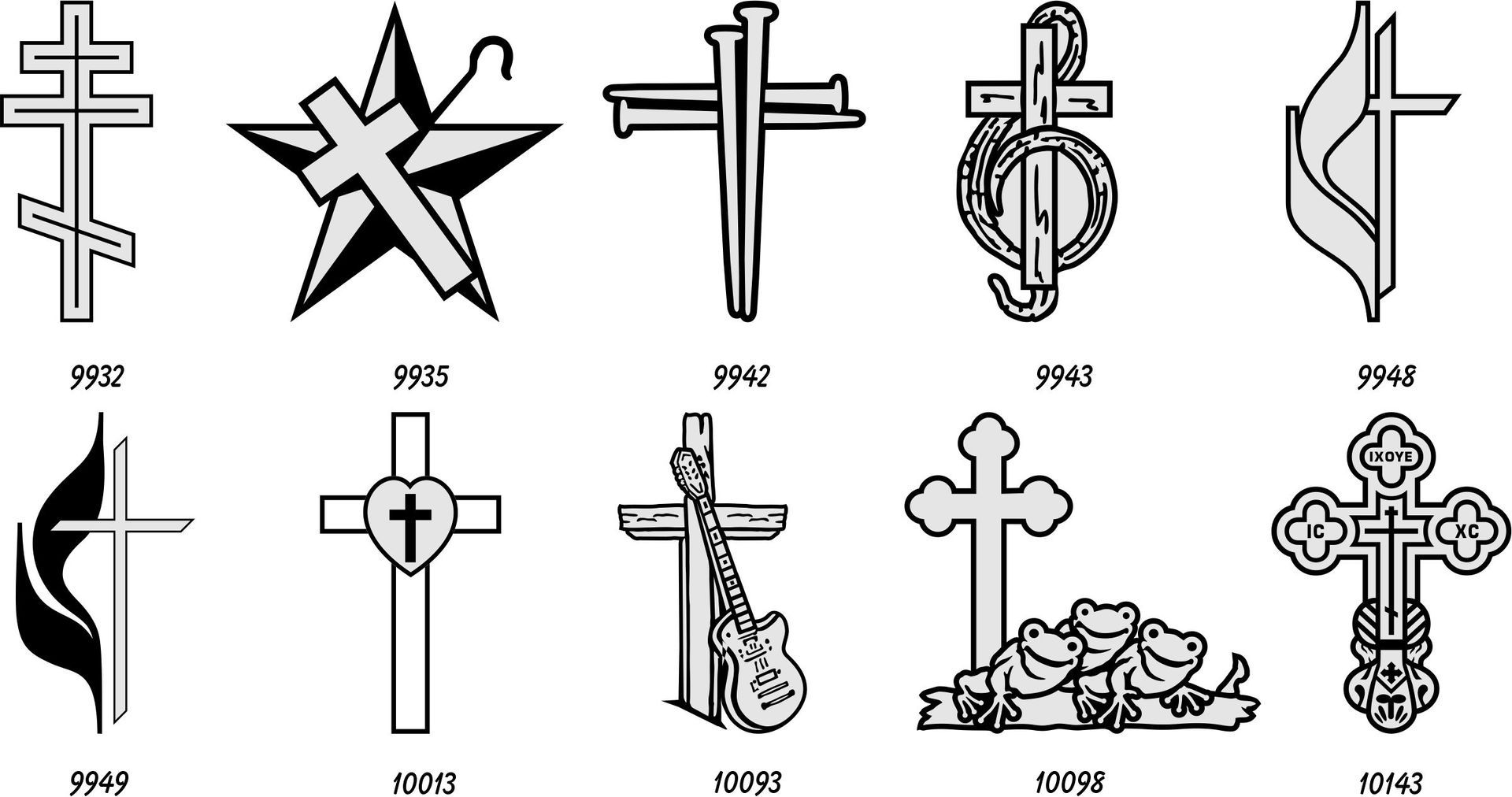 Ten different designs of Christian crosses displayed in two rows, each labeled with a reference number.