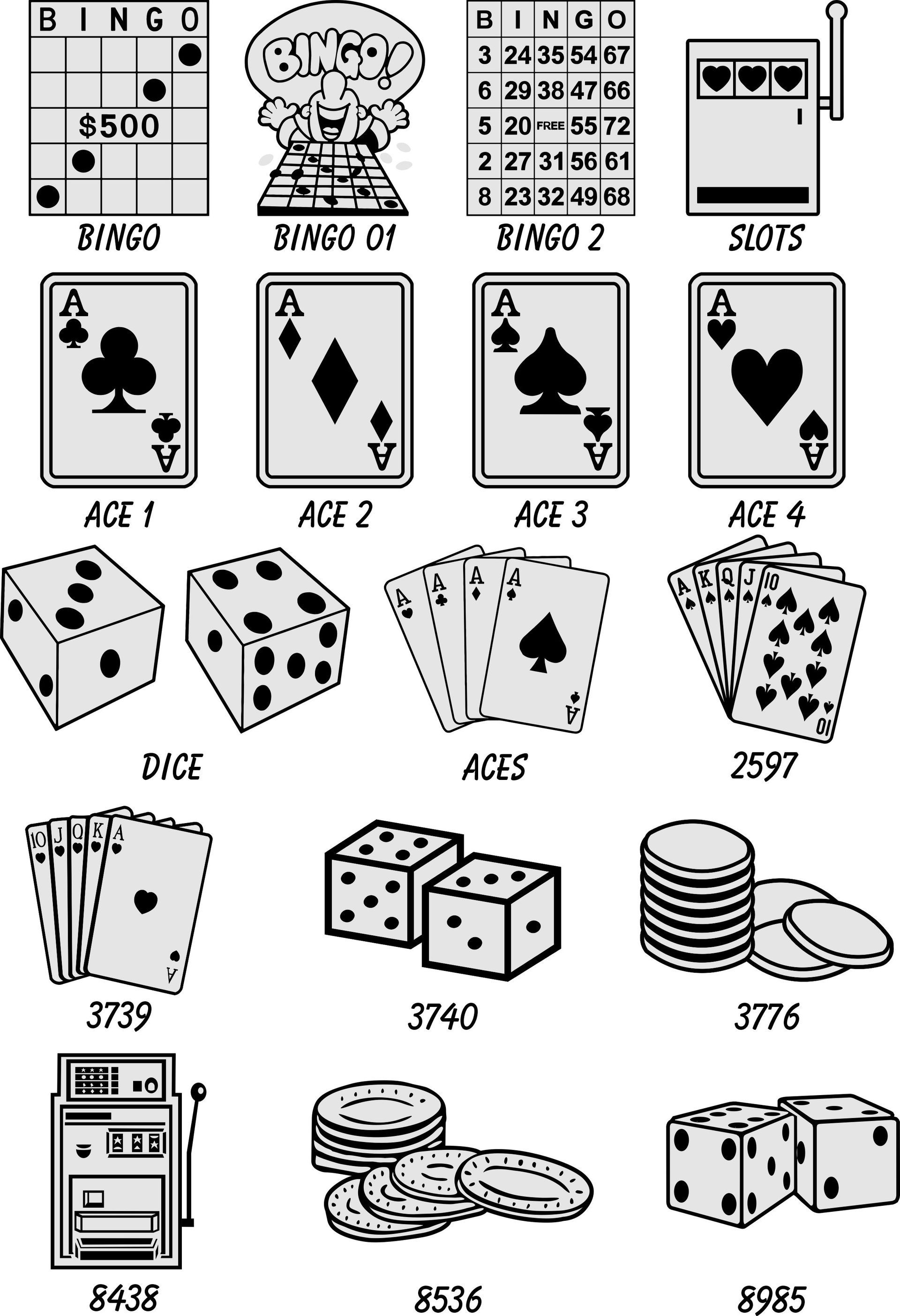 Grid of casino and gambling icons, including bingo cards, slot machines, playing cards, dice, and poker chips.