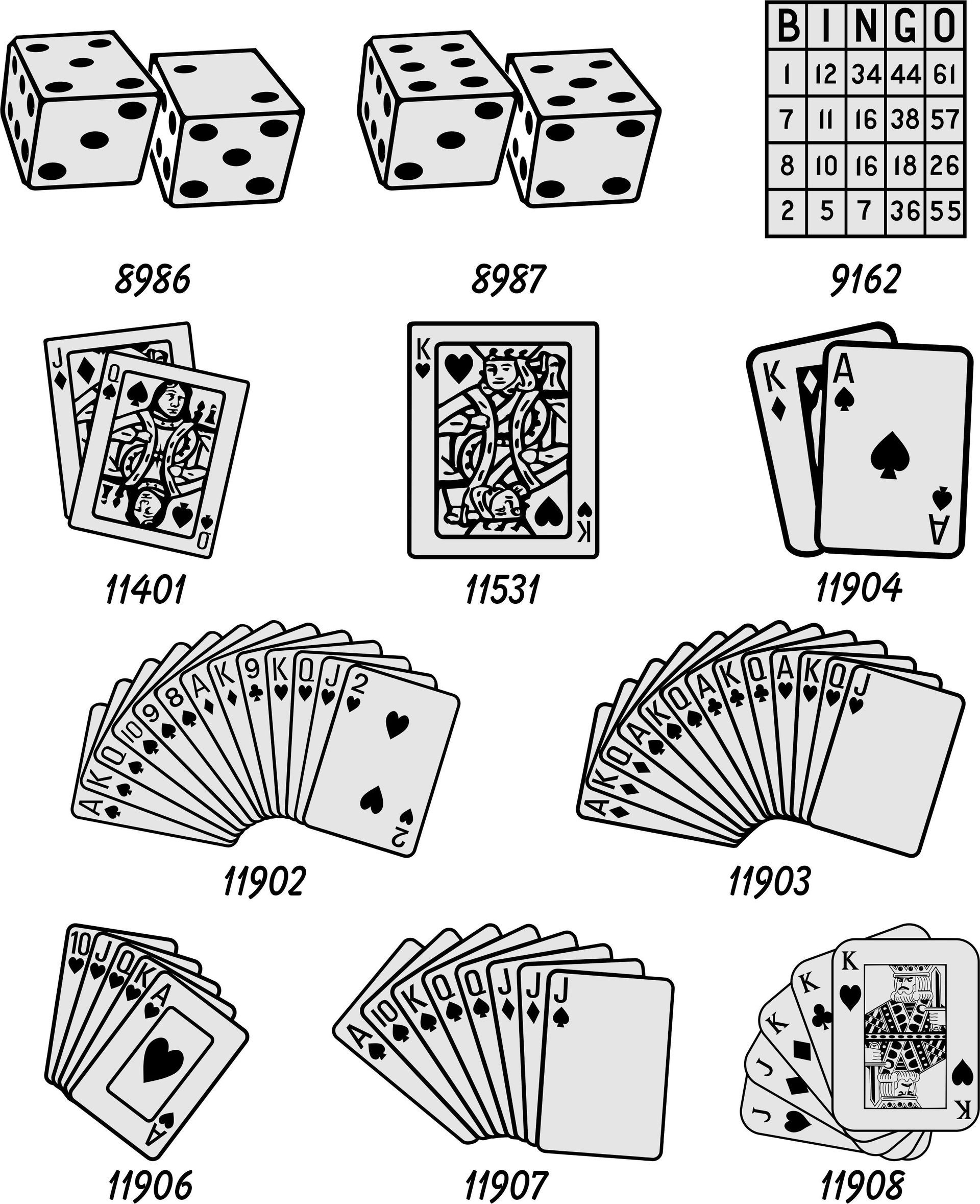 A grid of drawings showing dice, a bingo card, and various arrangements of playing cards, each labeled with a number.