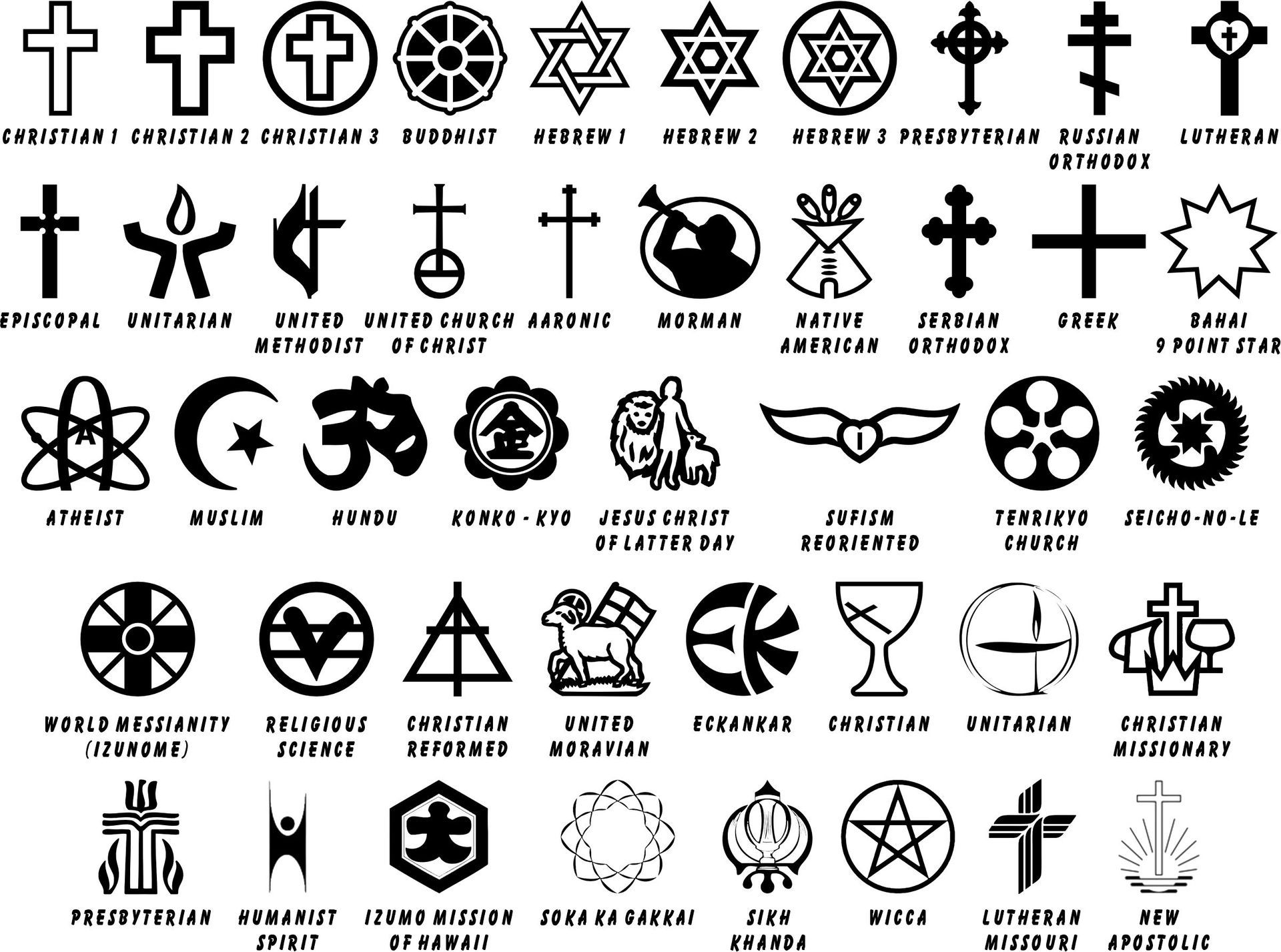 A grid of 40 black-and-white religious and secular symbols, each labeled with their associated faith or organization.