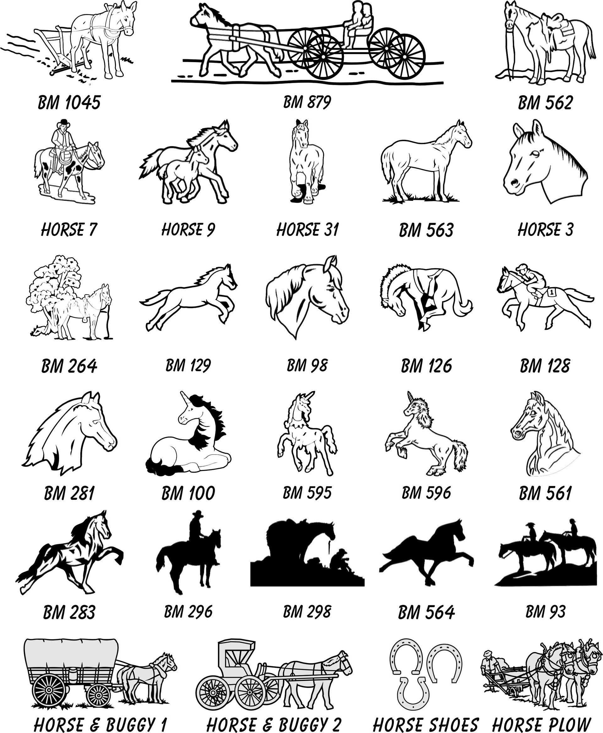 A grid of black-and-white line art clip art featuring various horses, horse-drawn carriages, and equestrian-related items.