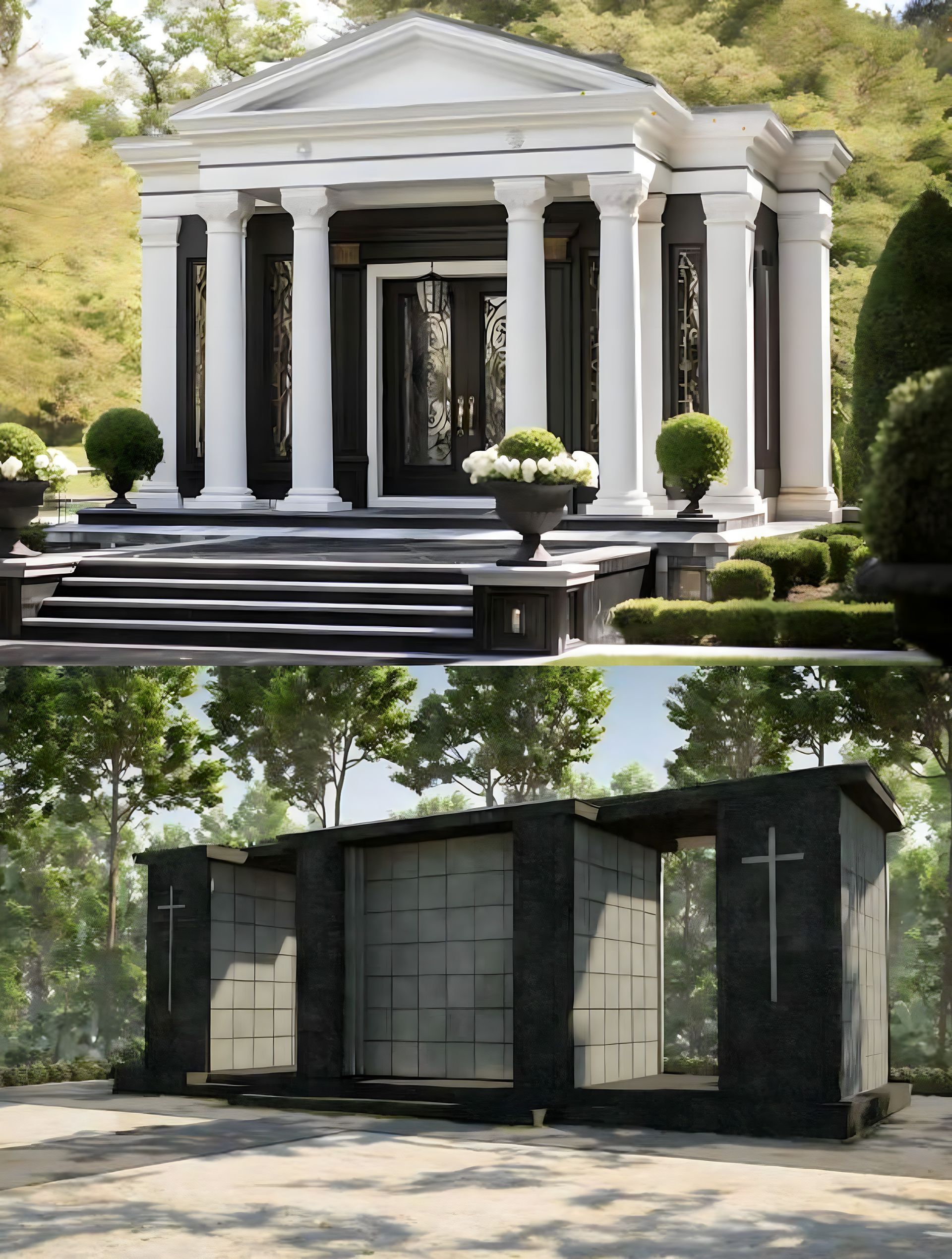 Black granite memorial with golden cross and inscription: 