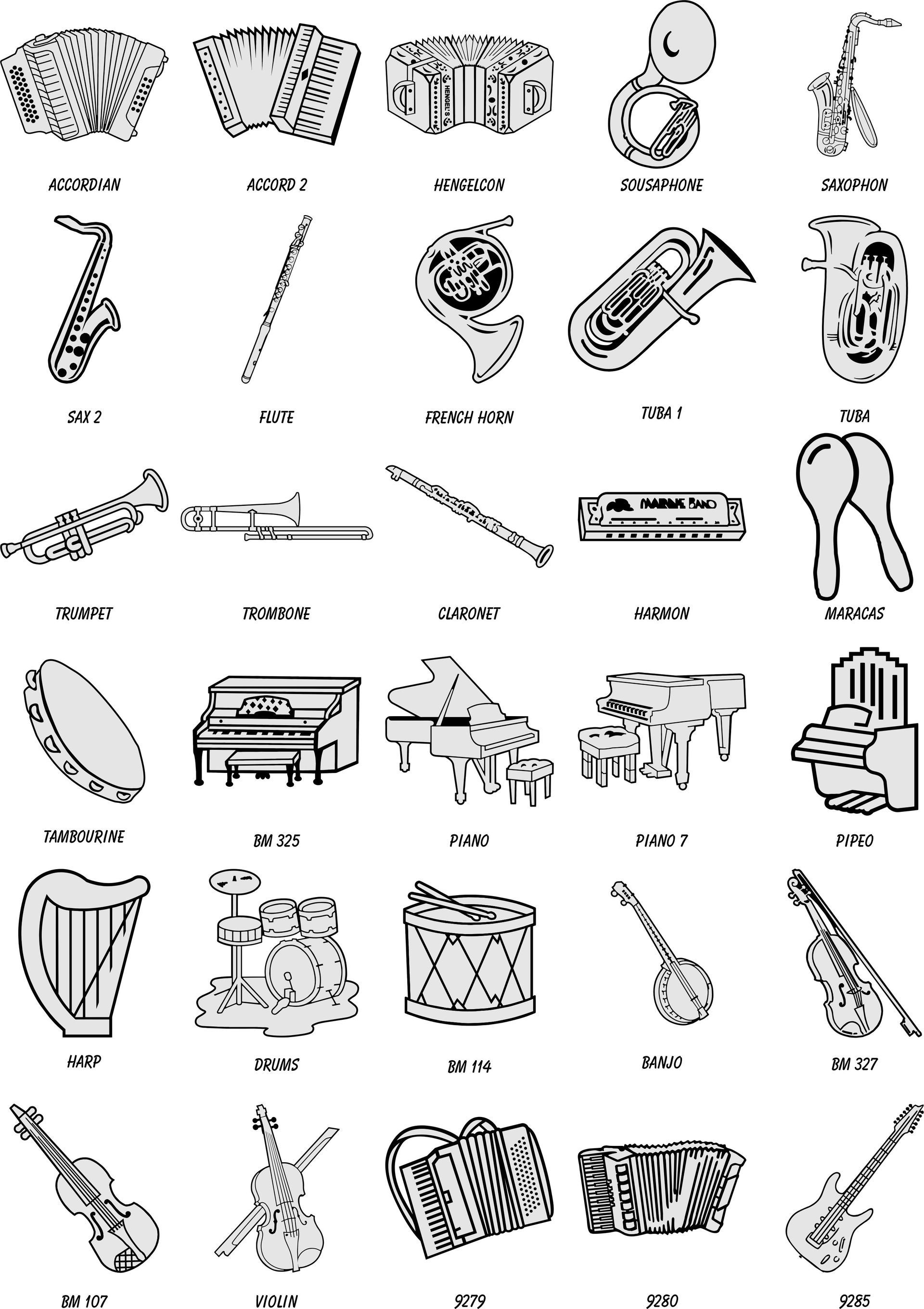 A grid of various musical instruments including woodwinds, brass, percussion, and string instruments, labeled by name.