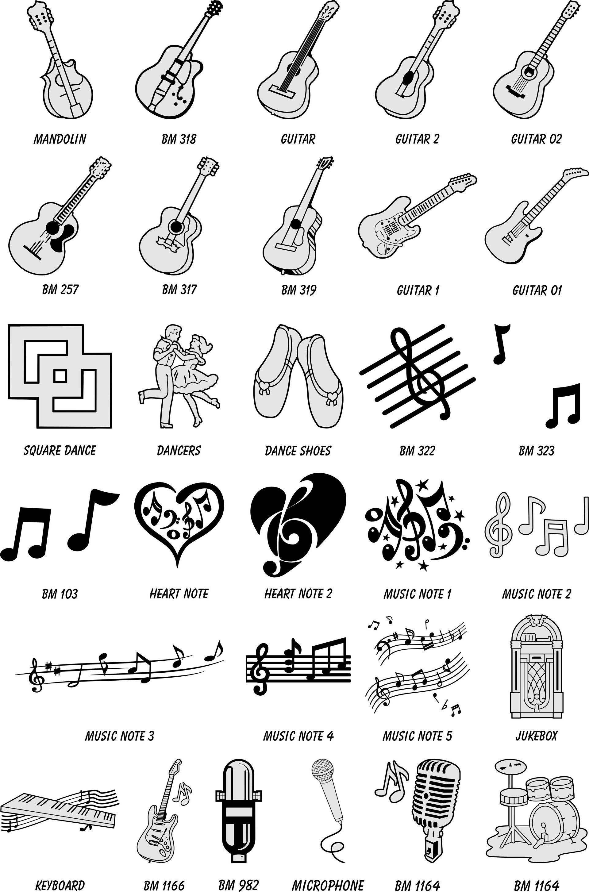 A grid of clip-art icons including various guitars, musical notes, a microphone, and musical themes in black and white.