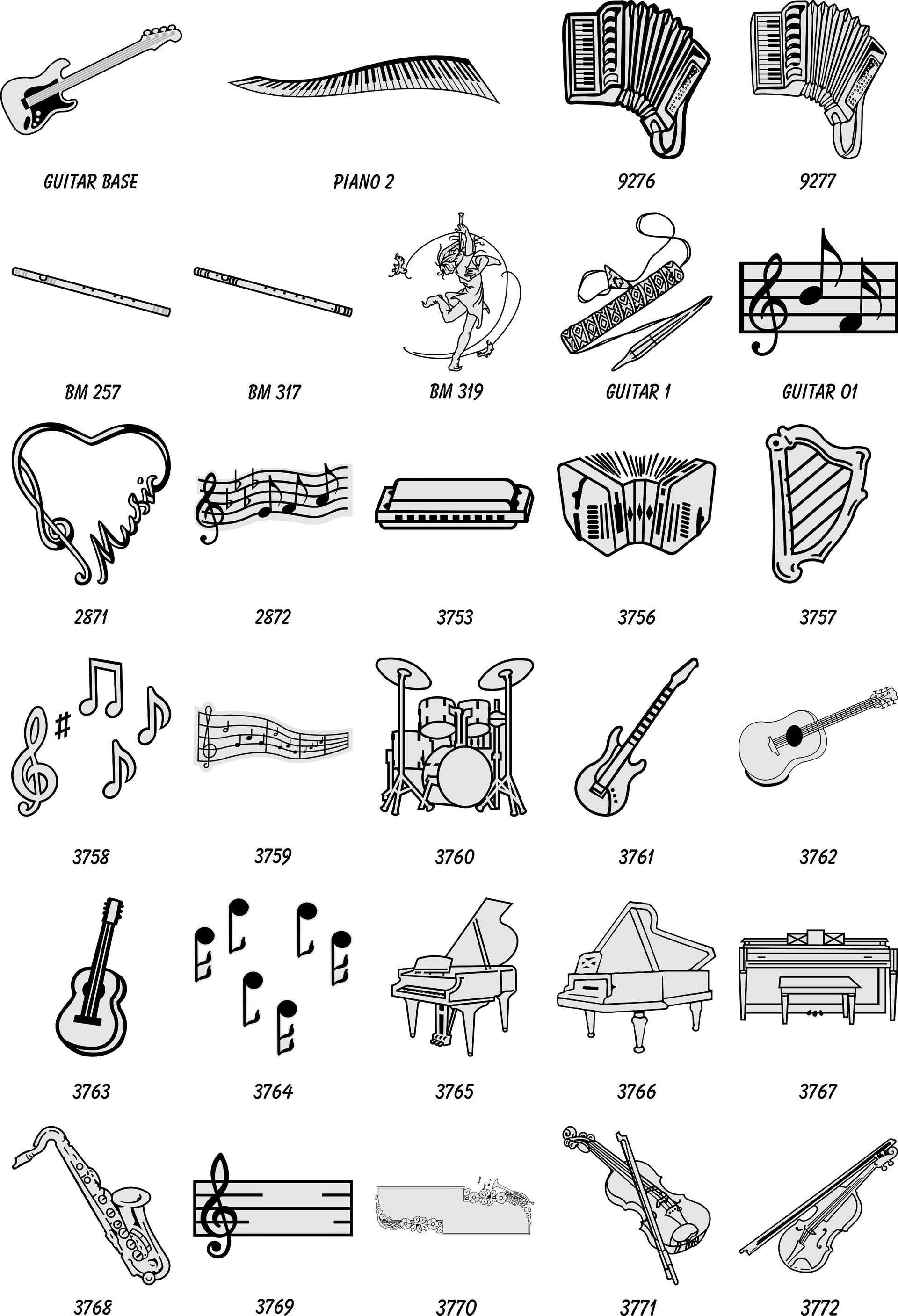 A grid of various musical instruments and musical symbols, each identified by a unique ID number below the graphic.