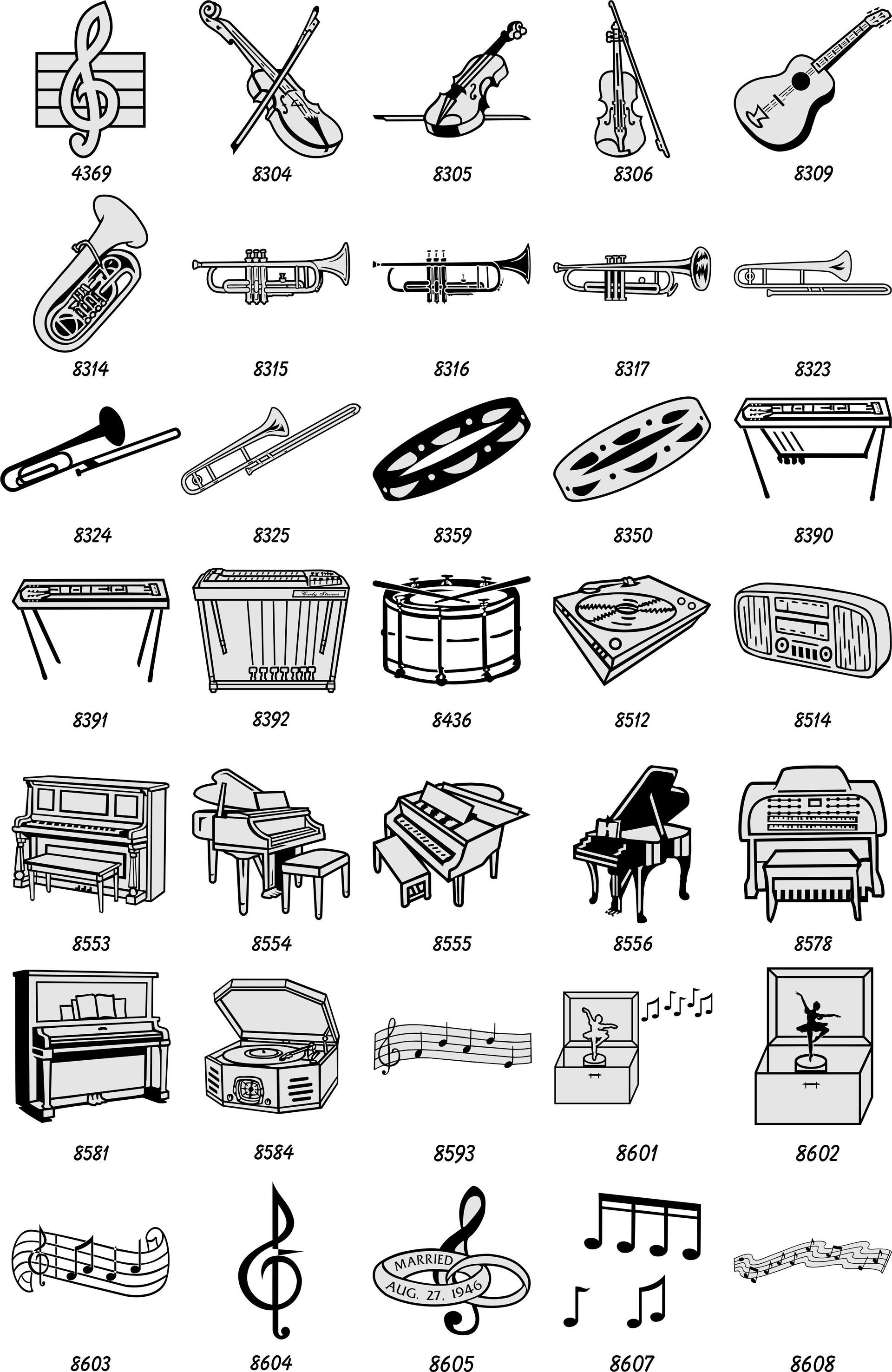 A grid of black-and-white icons illustrating musical instruments, musical notation, and related musical symbols.