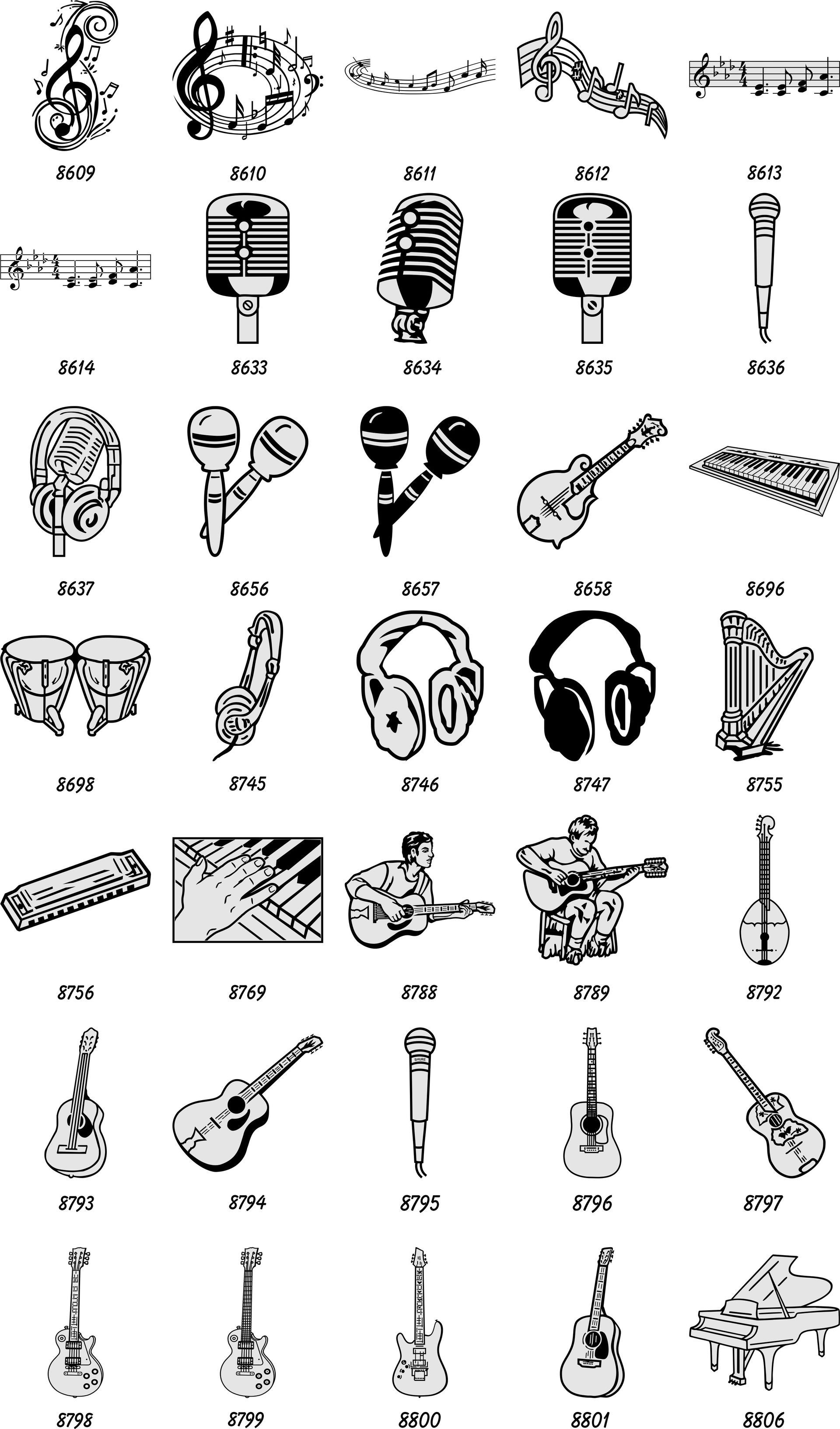 A grid of 40 black-and-white icons featuring musical instruments, equipment, and musical notation symbols.
