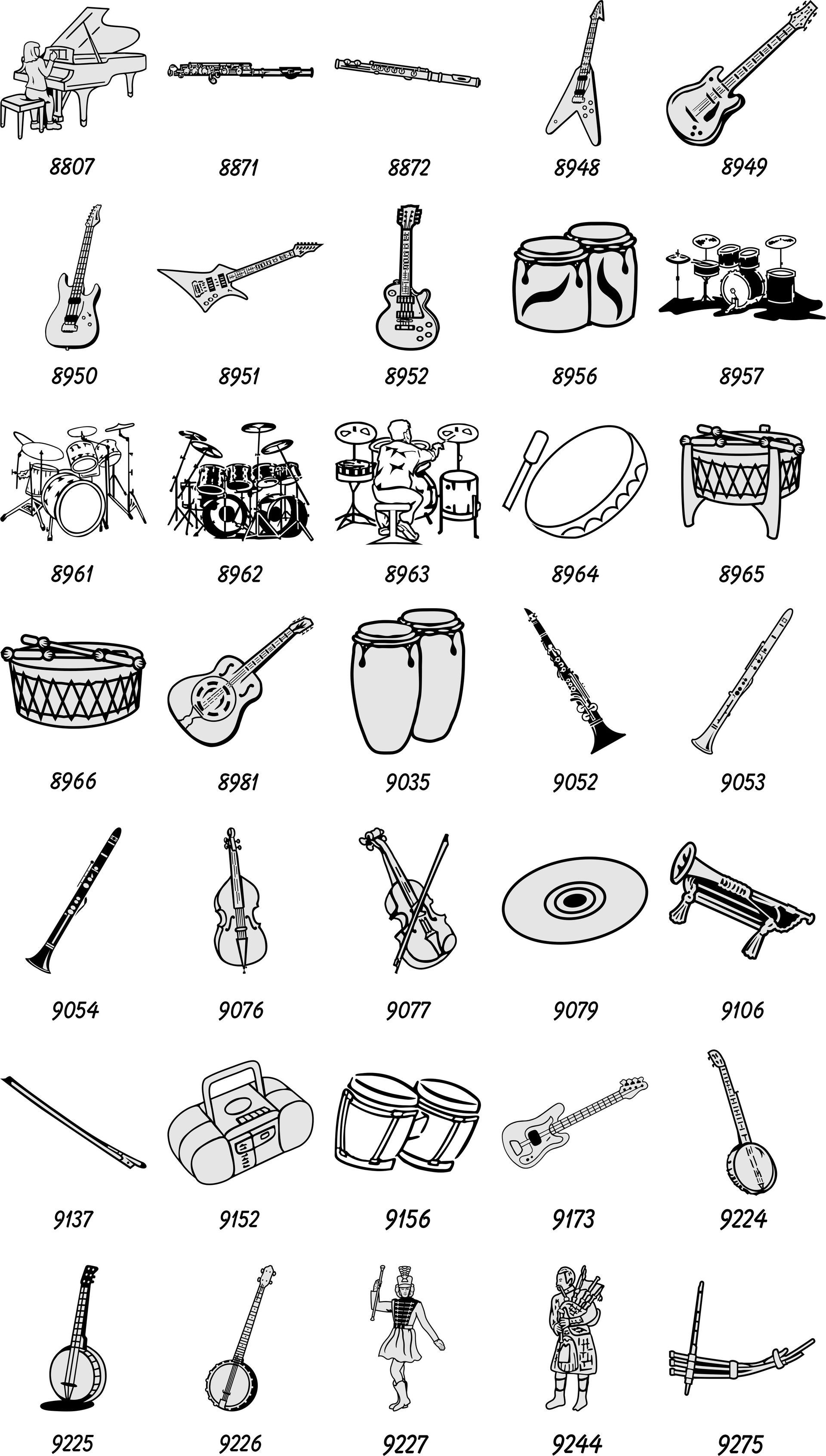 A grid of various musical instruments including guitars, drums, woodwinds, and string instruments labeled with codes.