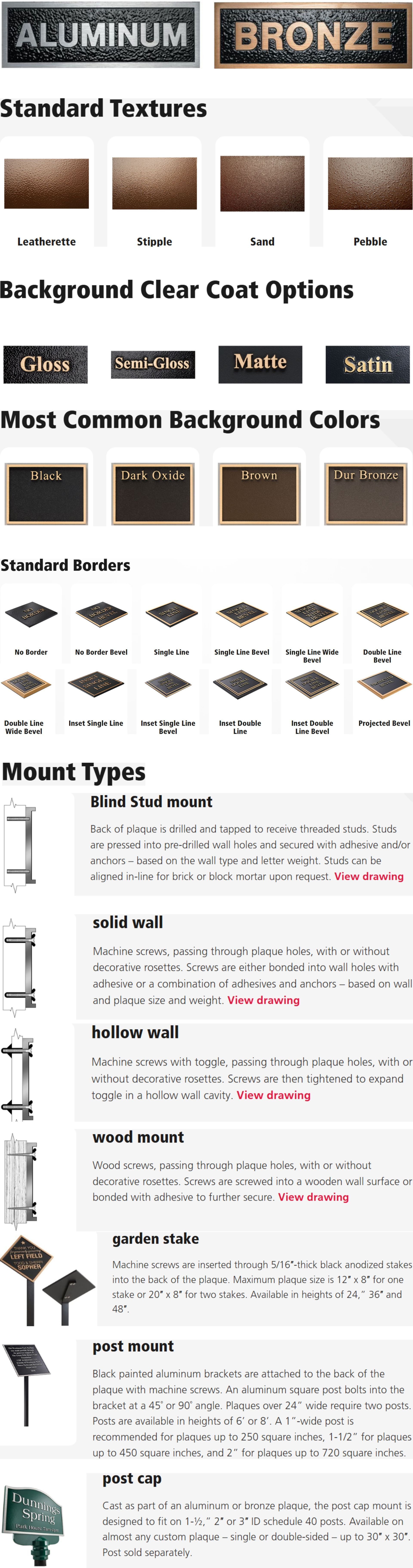 A product guide displaying materials, leather textures, background colors, metal finishes, and mounting options for plaques.
