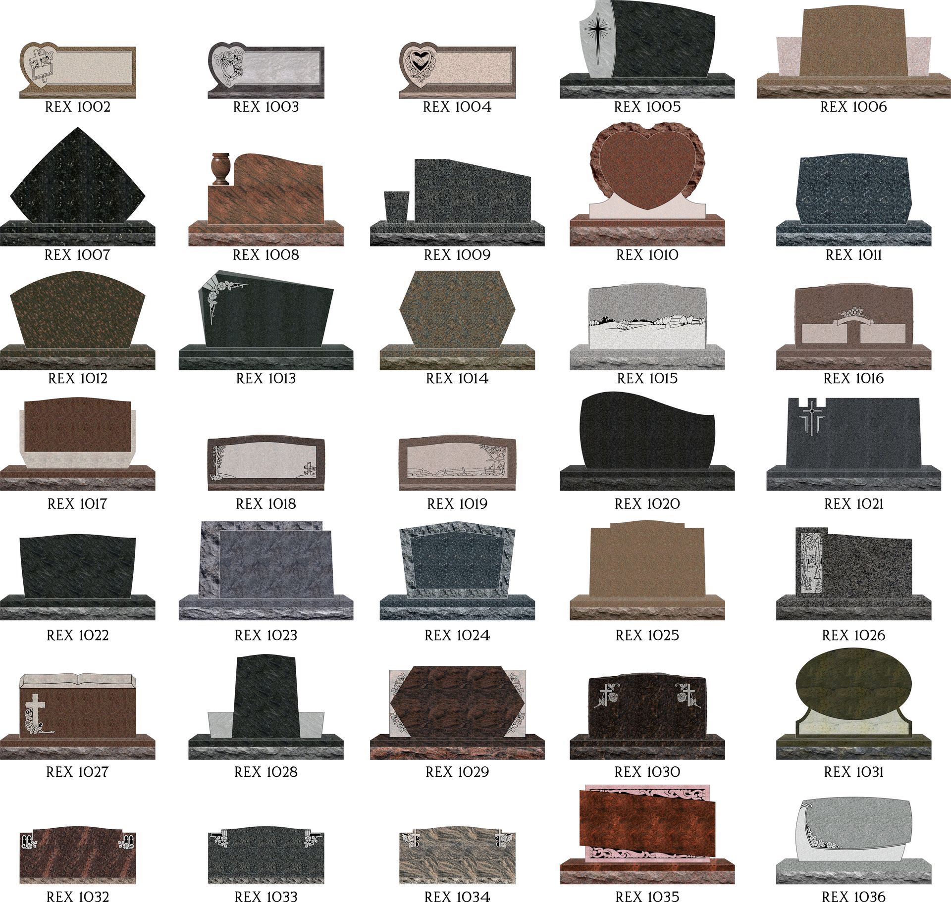 A grid of 35 diverse stone gravestone designs, each labeled with a model number, displayed on a plain white background.