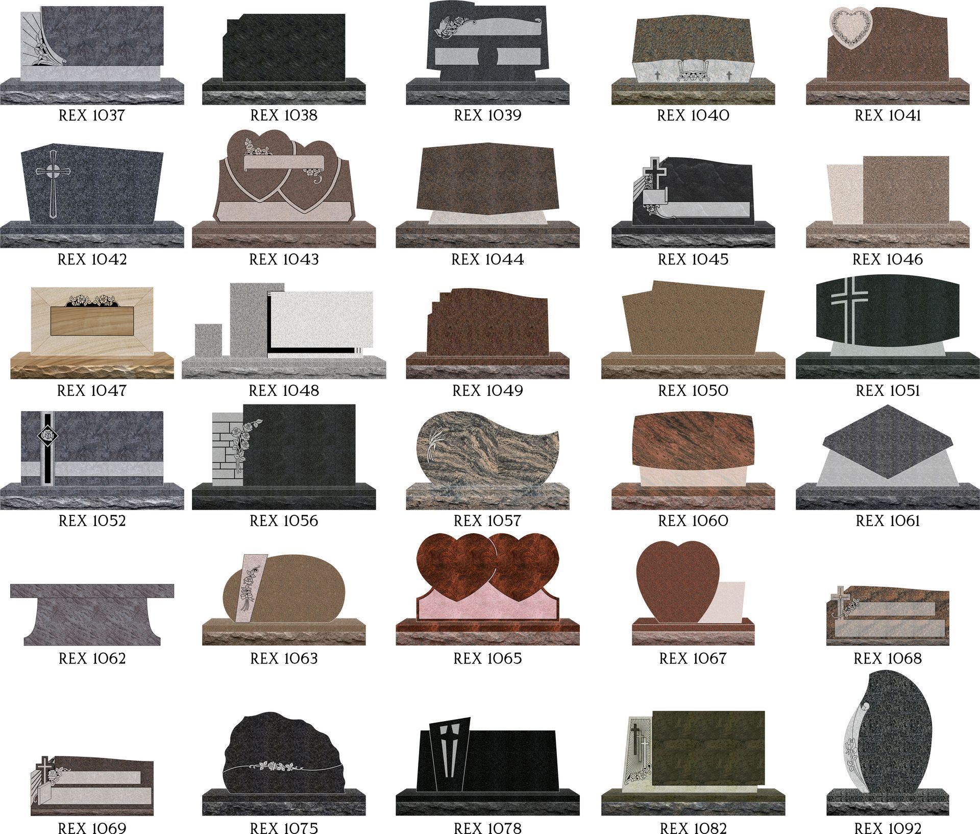 A grid of various granite headstone designs in different shapes, colors, and styles, each labeled with a product code.