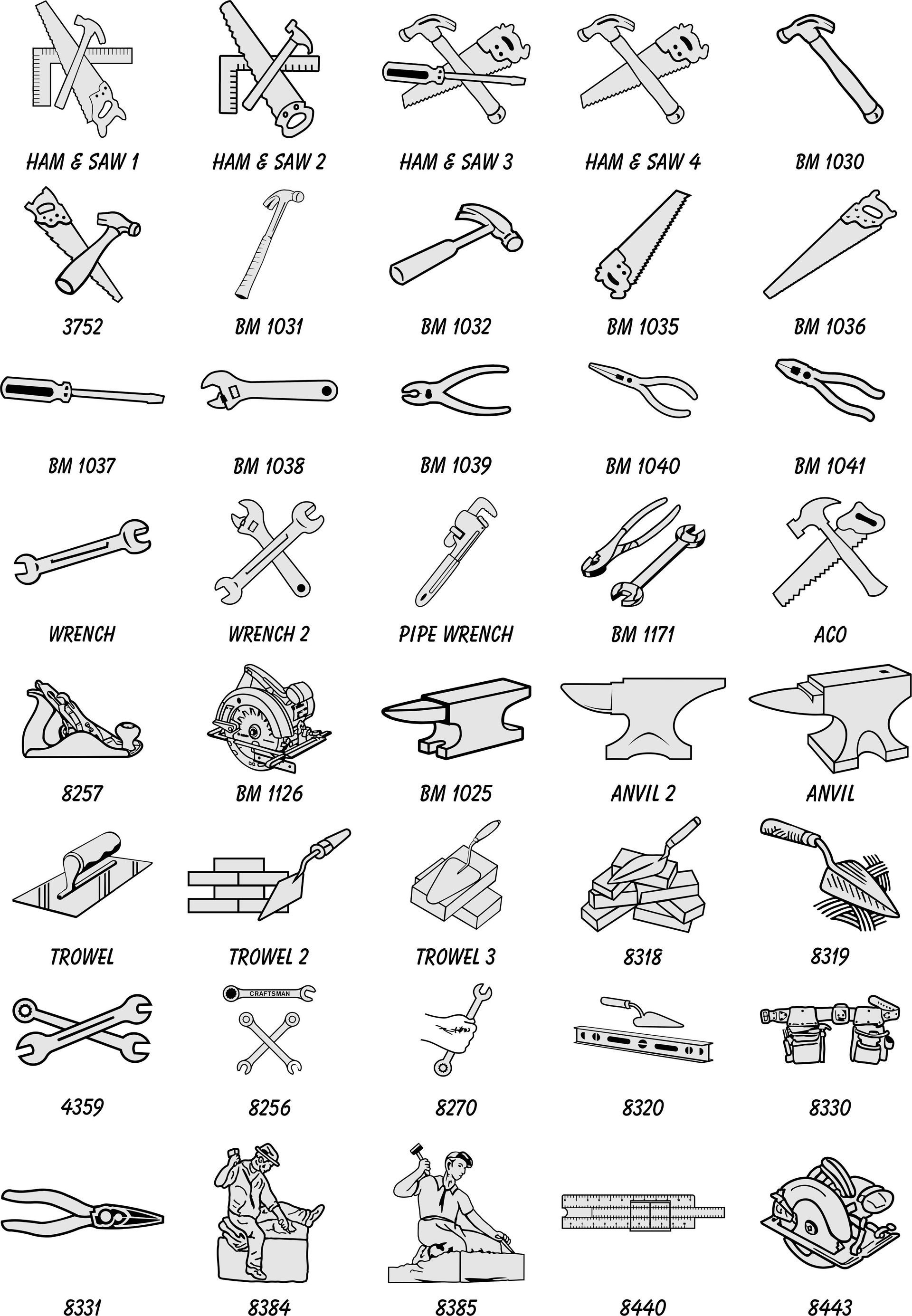 A grid of monochrome icons depicting various hand tools, hardware, and mechanical parts.