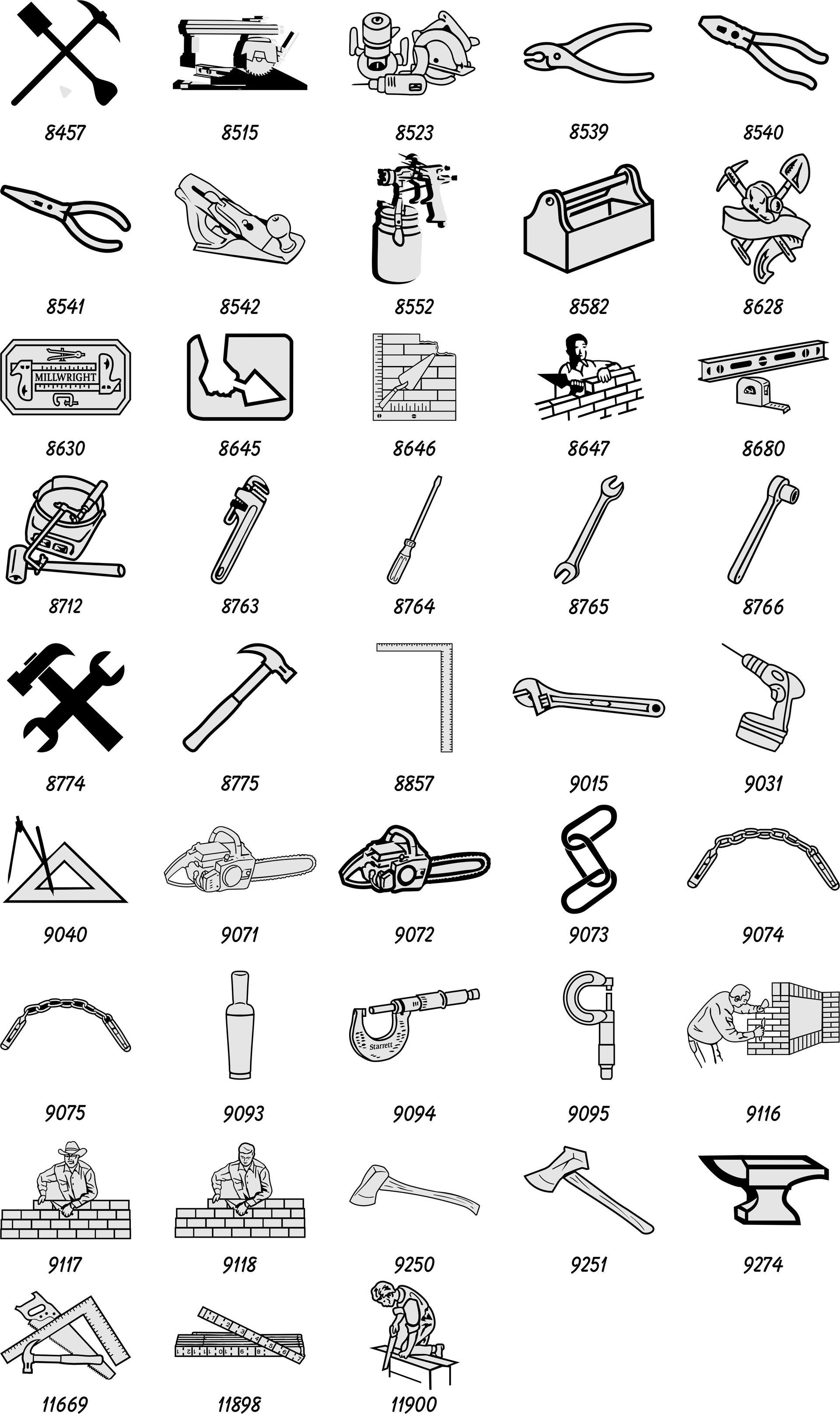 A grid of 45 small black and white icons representing various hand tools and hardware equipment.