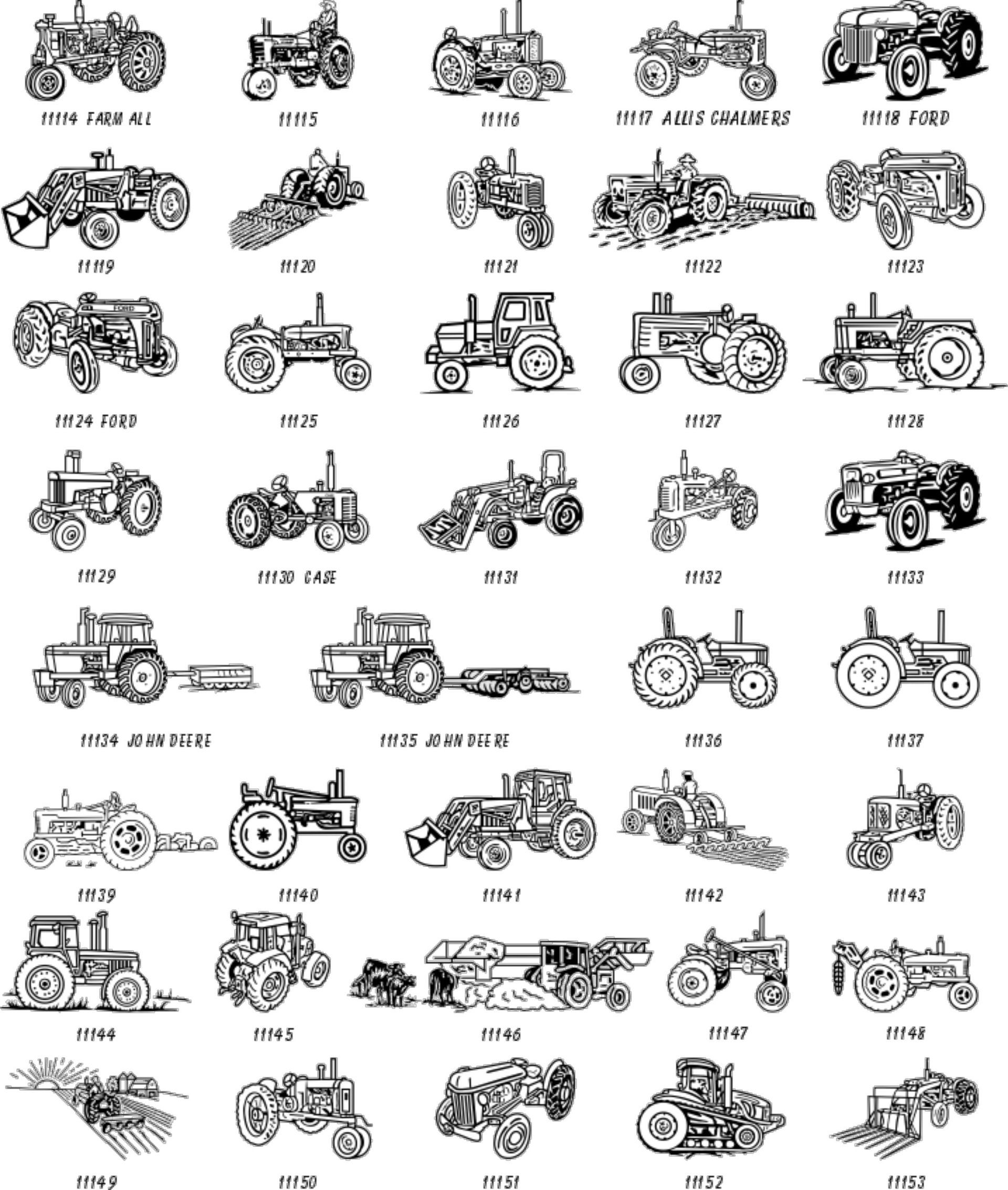 A grid of vintage tractor illustrations arranged in rows and columns, each labeled with a small caption.