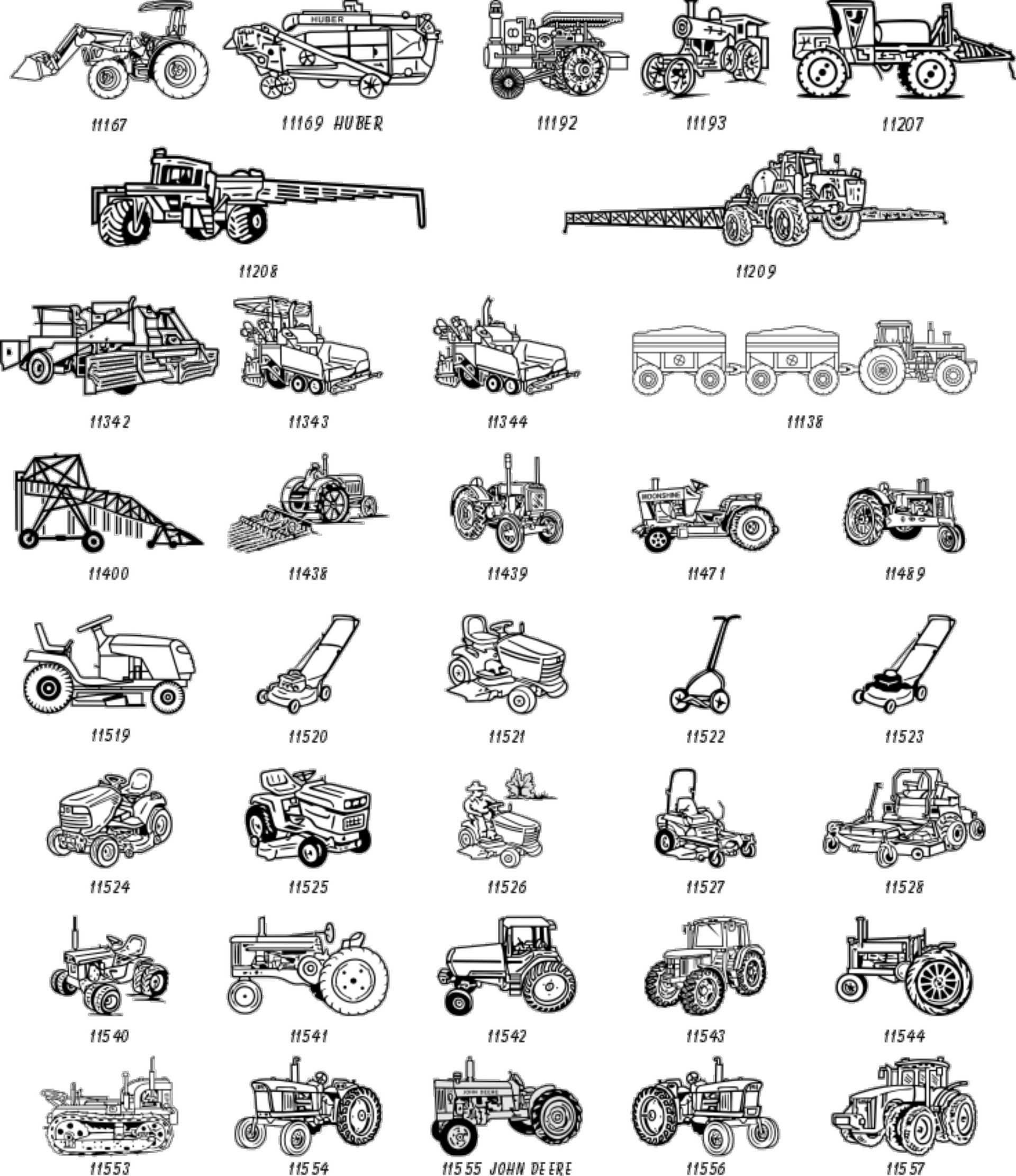 A grid of various vintage agricultural tractors and farming equipment, each labeled with a year.